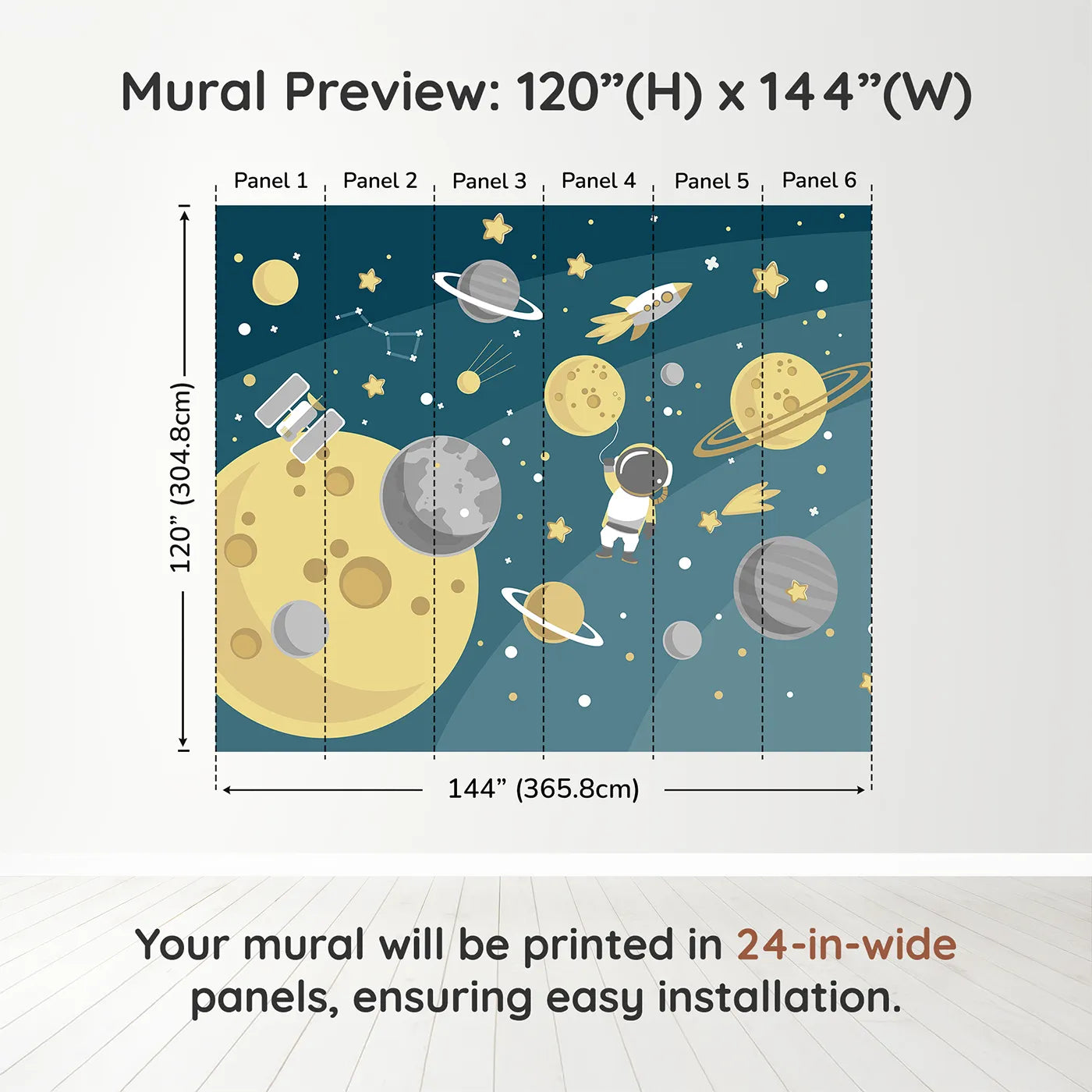 Whimsy Tots Cosmic Explorer Wall Muraldimension view (120" H x 144" W). Printed in six 24-inch-wide panels. Gender-Neutral