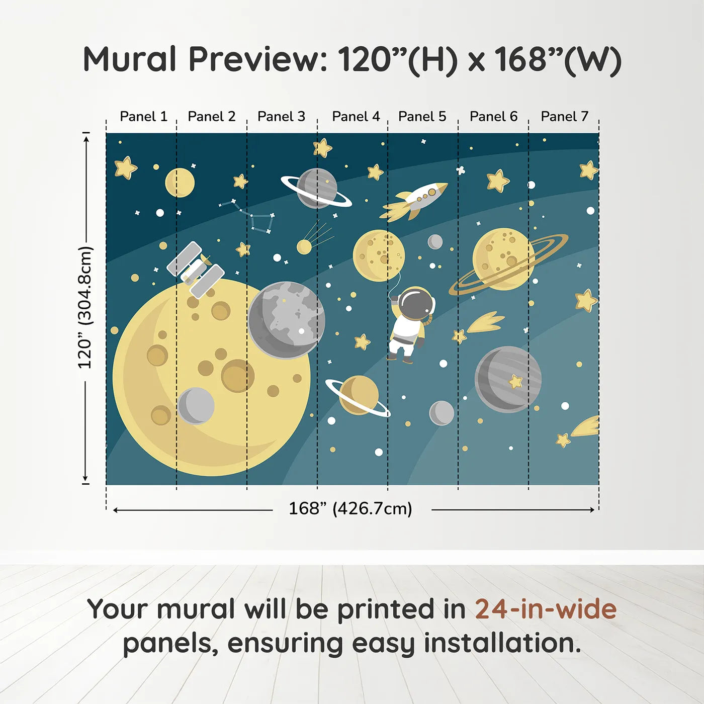 Whimsy Tots Cosmic Explorer Wall Muraldimension view (120" H x 168" W). Printed in seven 24-inch-wide panels. Gender-Neutral