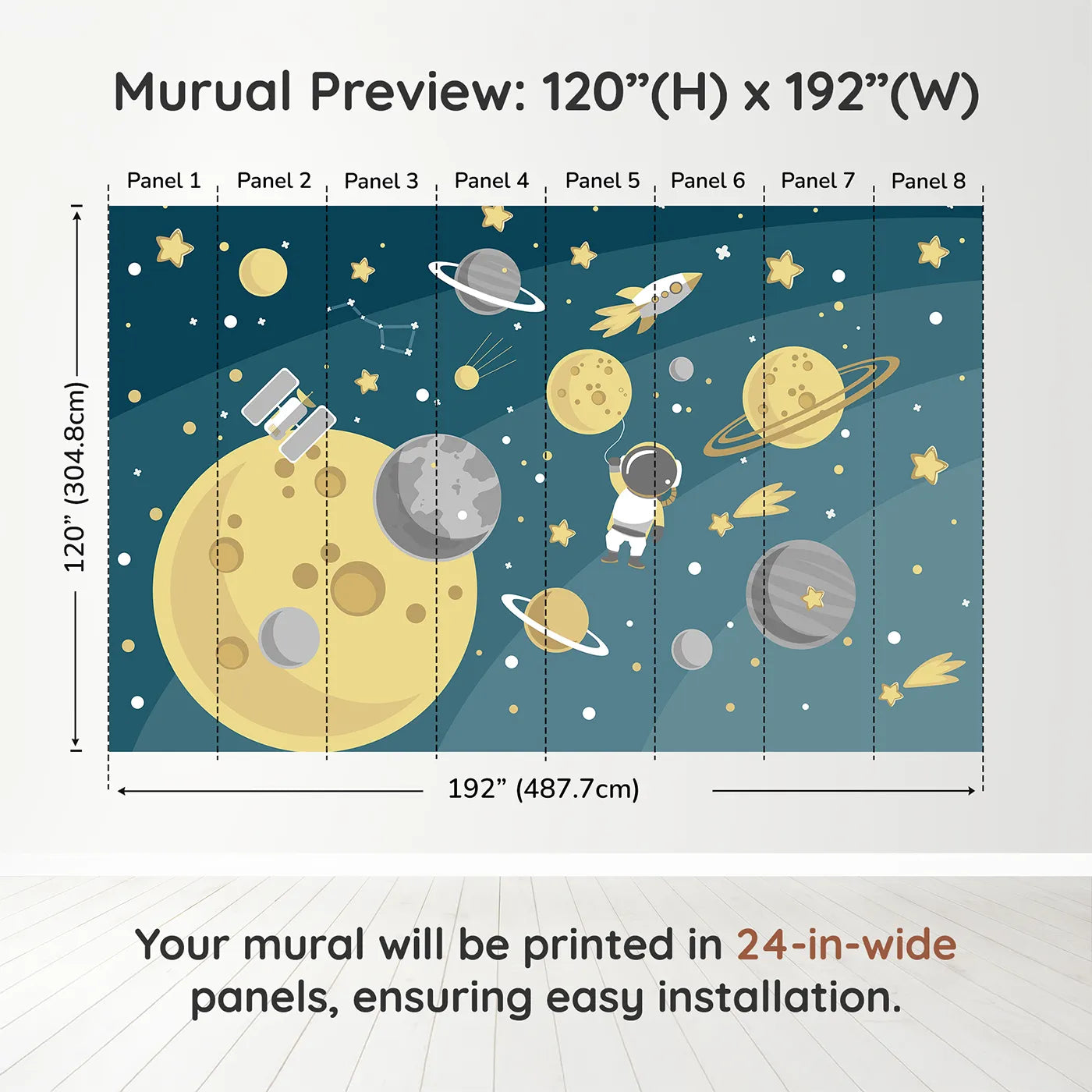 Whimsy Tots Cosmic Explorer Wall Muraldimension view (120" H x 192" W). Printed in eight 24-inch-wide panels. Gender-Neutral