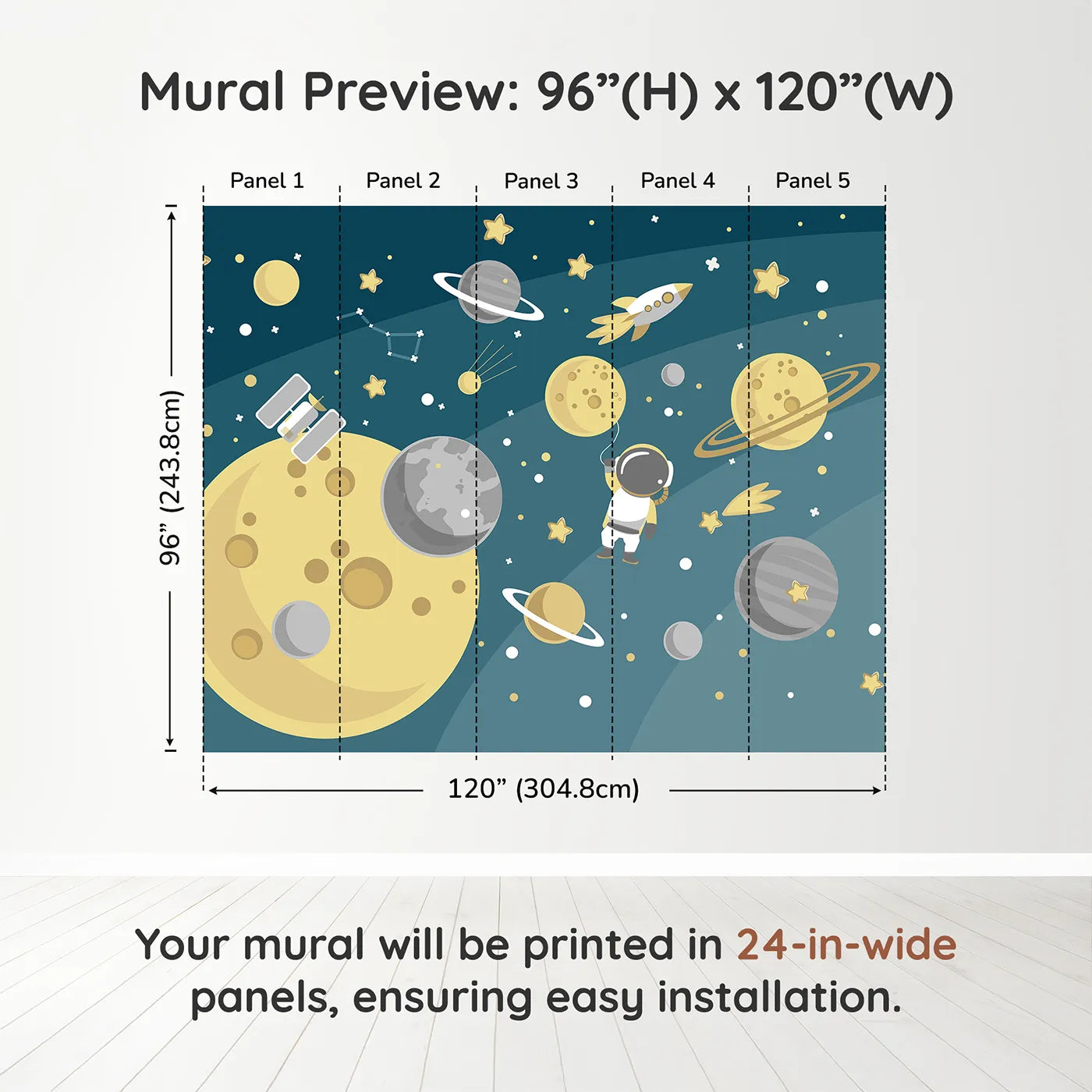 Whimsy Tots Cosmic Explorer Wall Muraldimension view (96" H x 120" W). Printed in five 24-inch-wide panels. Gender-Neutral