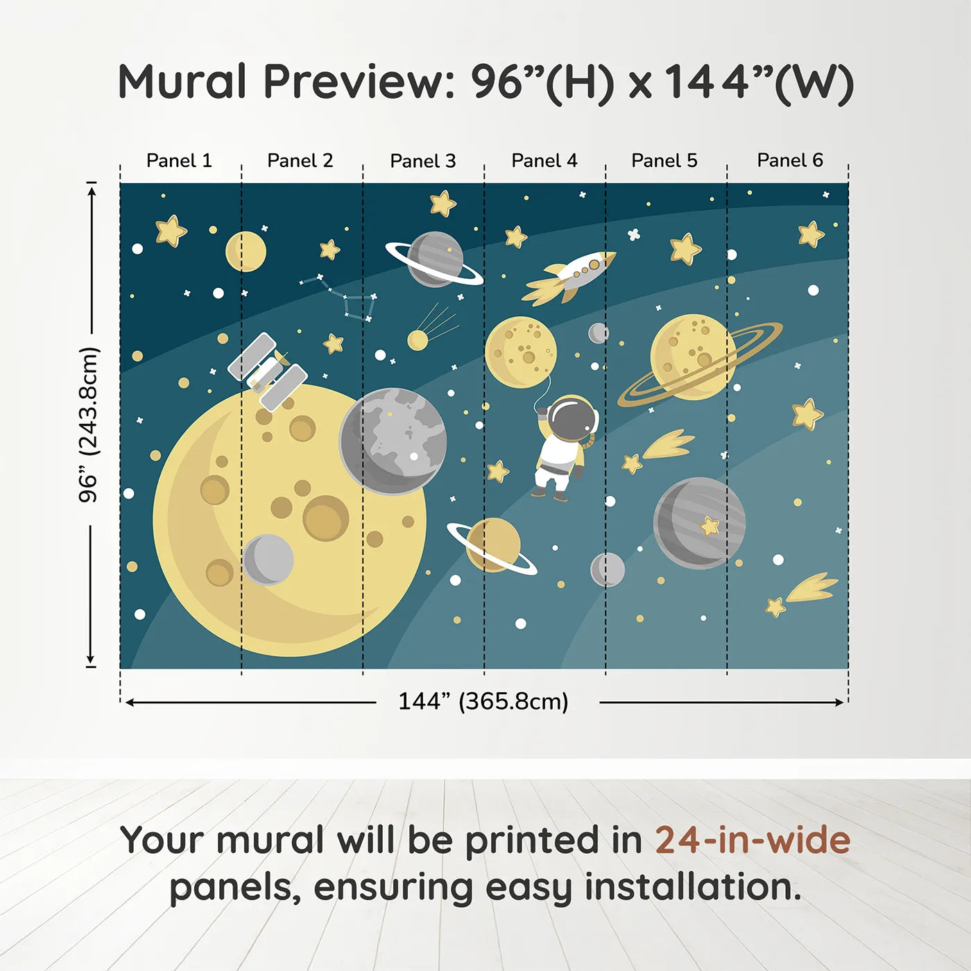 Whimsy Tots Cosmic Explorer Wall Muraldimension view (96" H x 144" W). Printed in six 24-inch-wide panels. Gender-Neutral