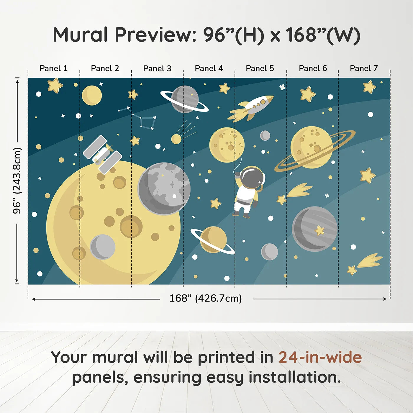Whimsy Tots Cosmic Explorer Wall Muraldimension view (96" H x 168" W). Printed in seven 24-inch-wide panels. Gender-Neutral