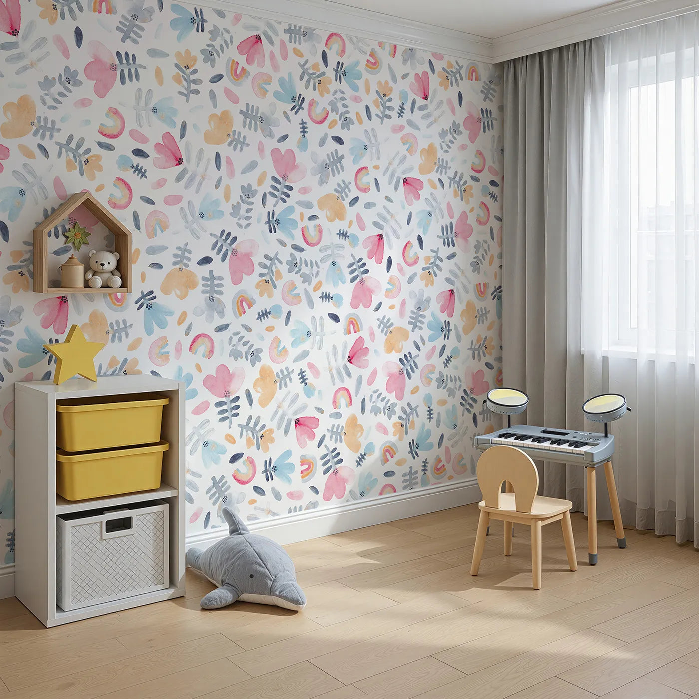 Angled view of Whimsy Tots' Pastel Rainbow Garden Wall Mural (Turn Their Room into a Meadow of Abstract Rainbows).Gender-Neutral