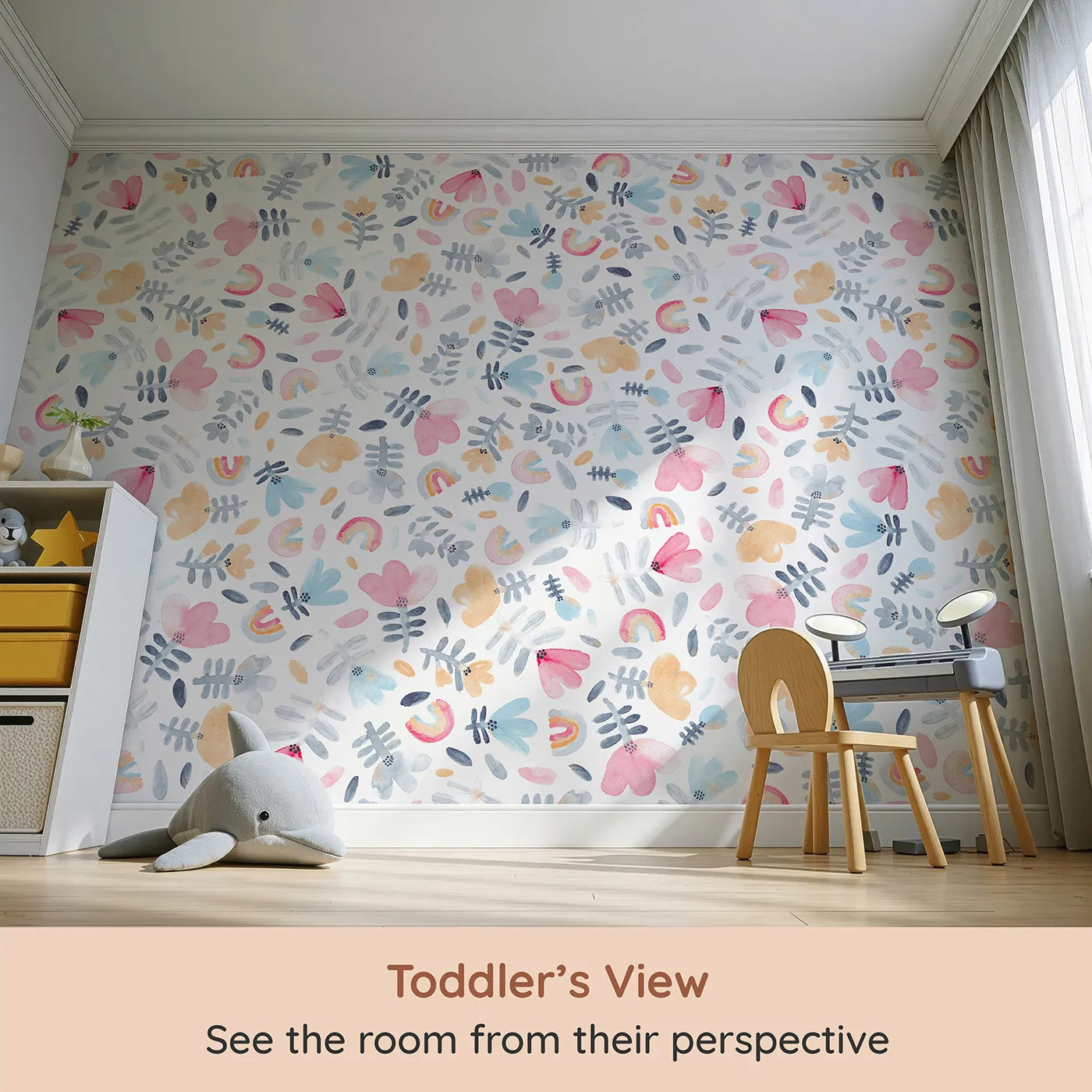 Whimsy Tots Pastel Rainbow Garden Wall Mural (Turn Their Room into a Meadow of Abstract Rainbows) from your child's view.Gender-Neutral