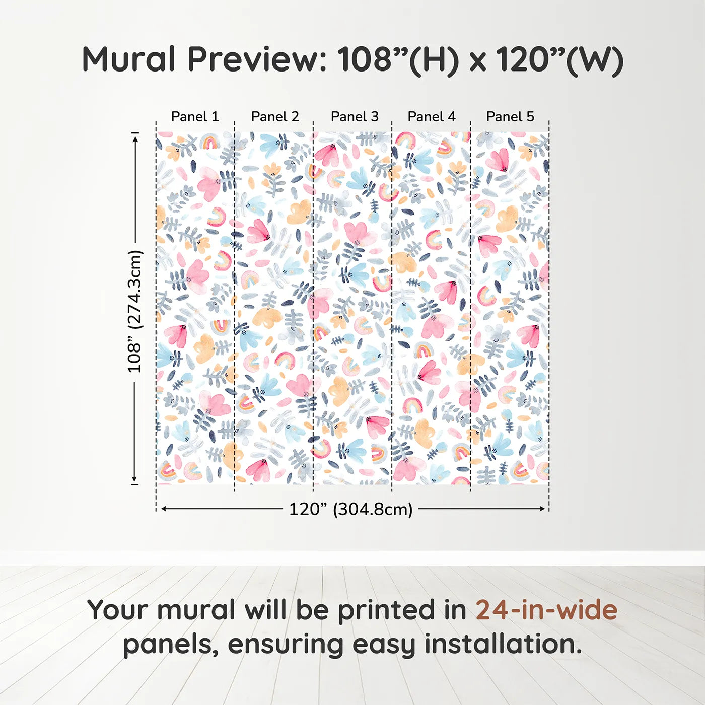 Whimsy Tots Pastel Rainbow Garden Wall Muraldimension view (108" H x 120" W). Printed in five 24-inch-wide panels. Gender-Neutral