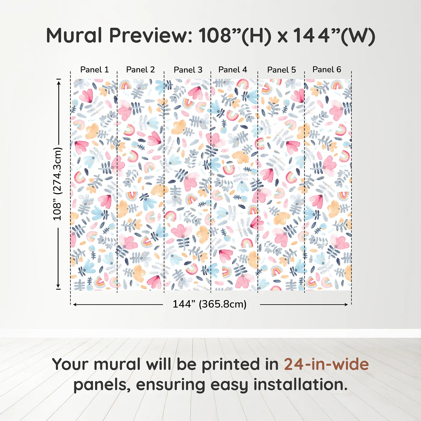 Whimsy Tots Pastel Rainbow Garden Wall Muraldimension view (108" H x 144" W). Printed in six 24-inch-wide panels. Gender-Neutral