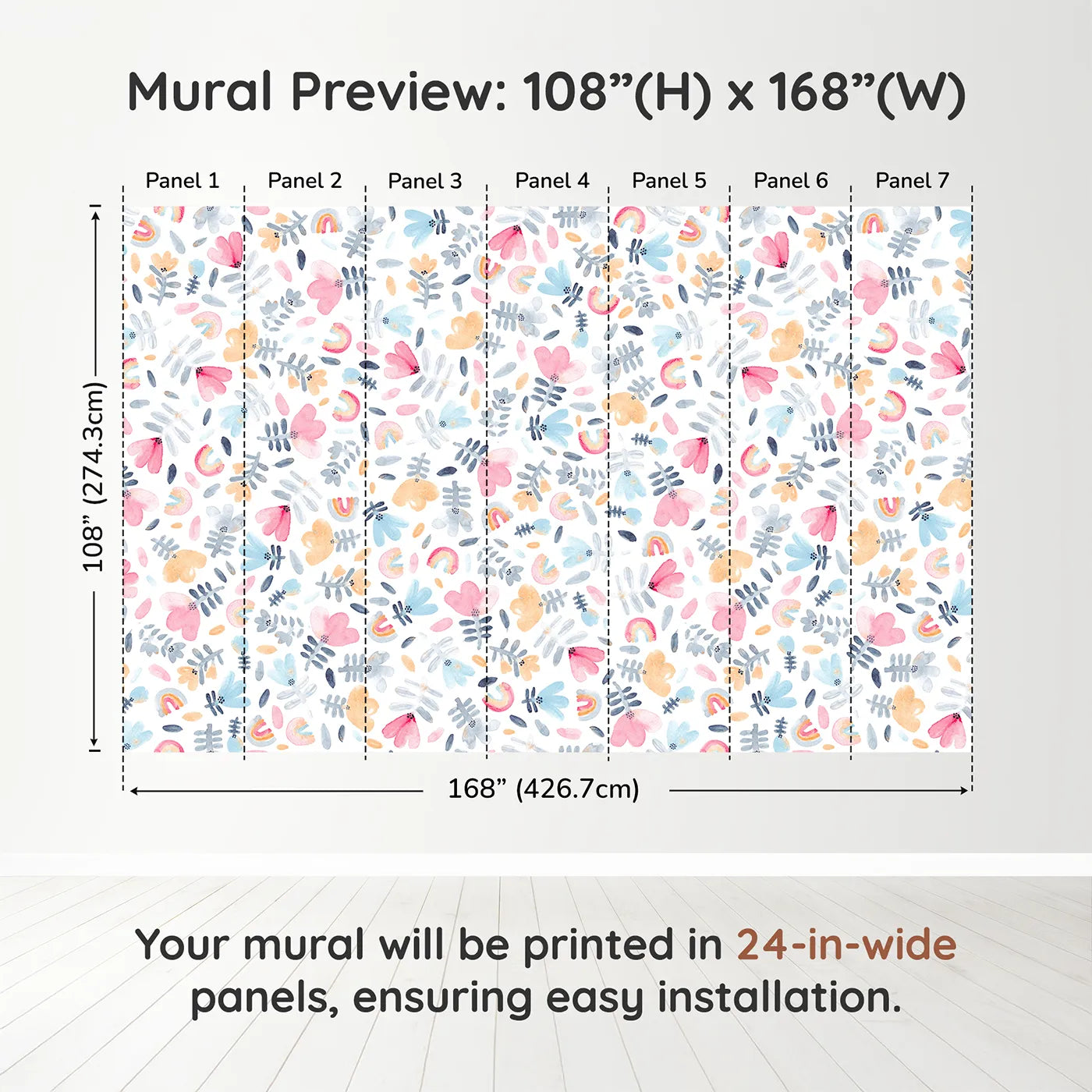 Whimsy Tots Pastel Rainbow Garden Wall Muraldimension view (108" H x 168" W). Printed in seven 24-inch-wide panels. Gender-Neutral