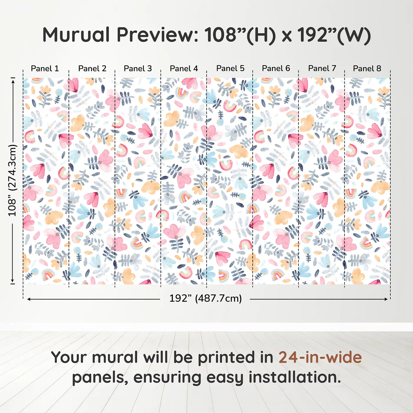 Whimsy Tots Pastel Rainbow Garden Wall Muraldimension view (108" H x 192" W). Printed in eight 24-inch-wide panels. Gender-Neutral