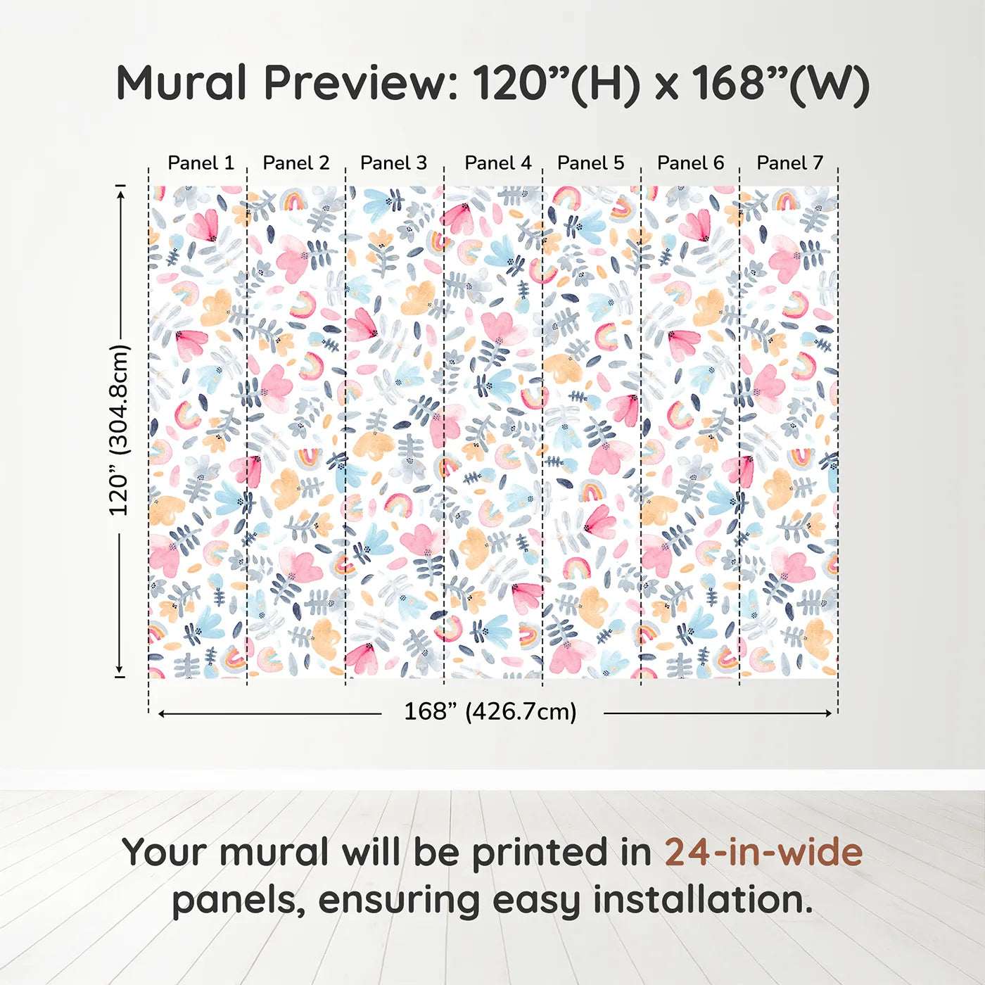 Whimsy Tots Pastel Rainbow Garden Wall Muraldimension view (120" H x 168" W). Printed in seven 24-inch-wide panels. Gender-Neutral
