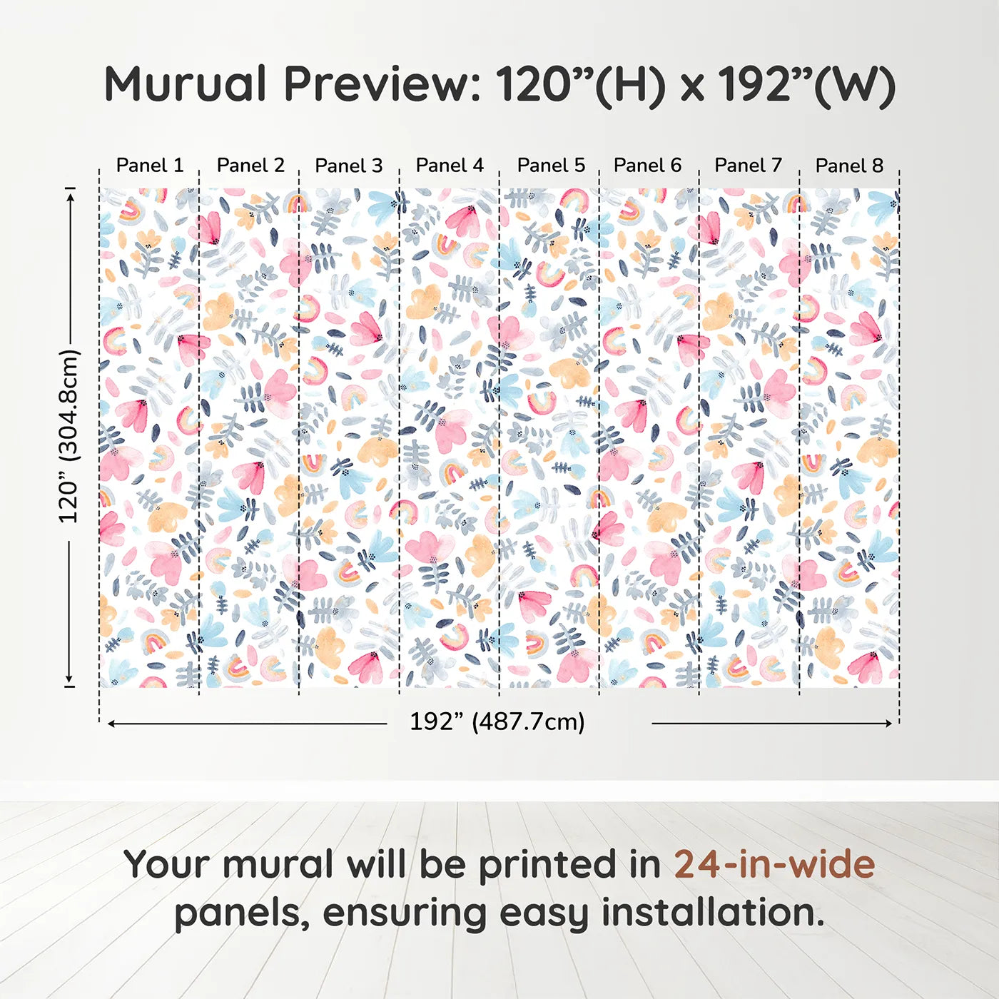 Whimsy Tots Pastel Rainbow Garden Wall Muraldimension view (120" H x 192" W). Printed in eight 24-inch-wide panels. Gender-Neutral