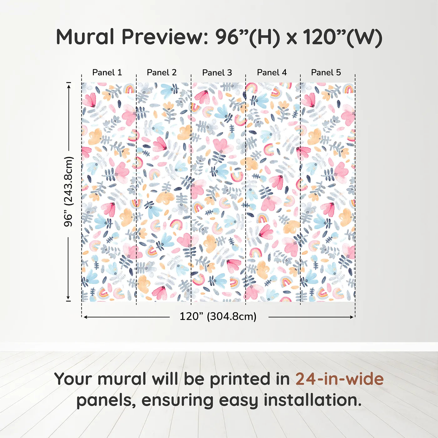 Whimsy Tots Pastel Rainbow Garden Wall Muraldimension view (96" H x 120" W). Printed in five 24-inch-wide panels. Gender-Neutral