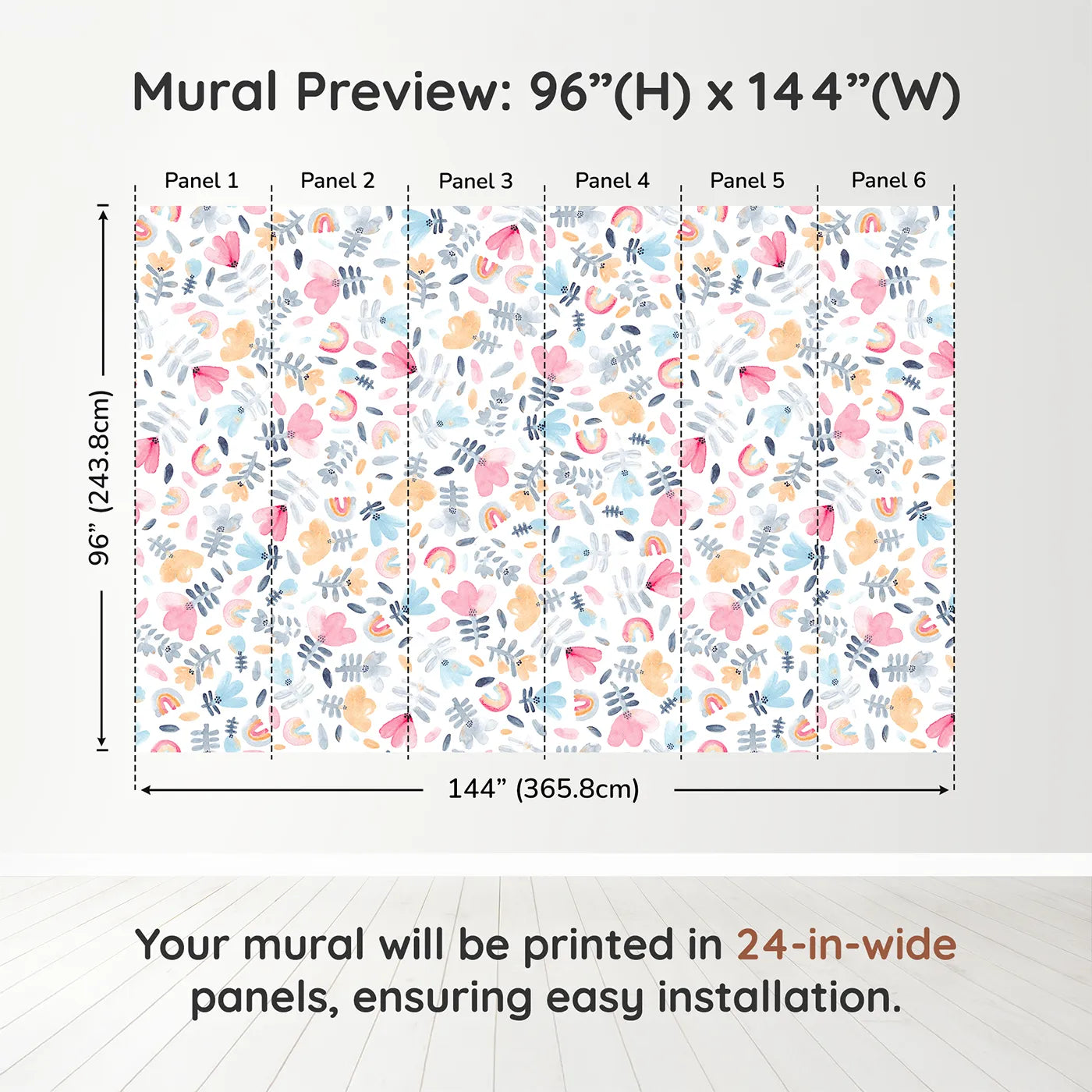 Whimsy Tots Pastel Rainbow Garden Wall Muraldimension view (96" H x 144" W). Printed in six 24-inch-wide panels. Gender-Neutral