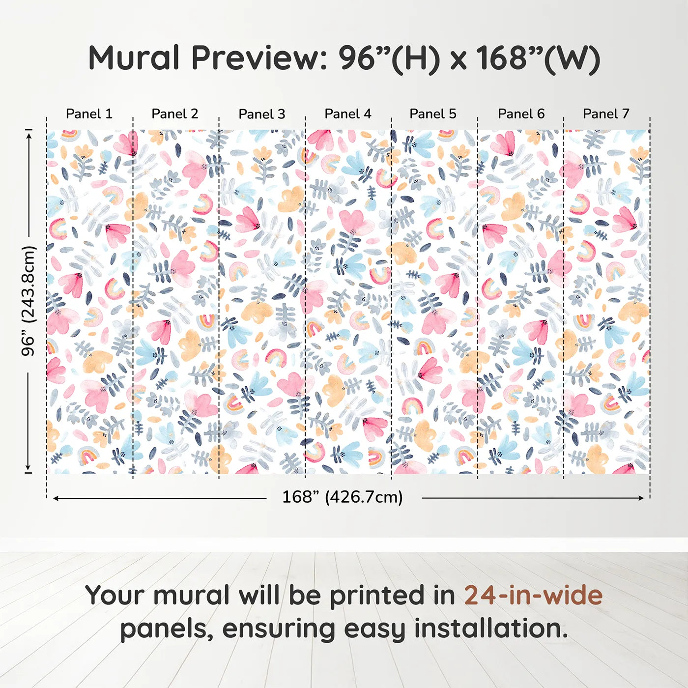 Whimsy Tots Pastel Rainbow Garden Wall Muraldimension view (96" H x 168" W). Printed in seven 24-inch-wide panels. Gender-Neutral