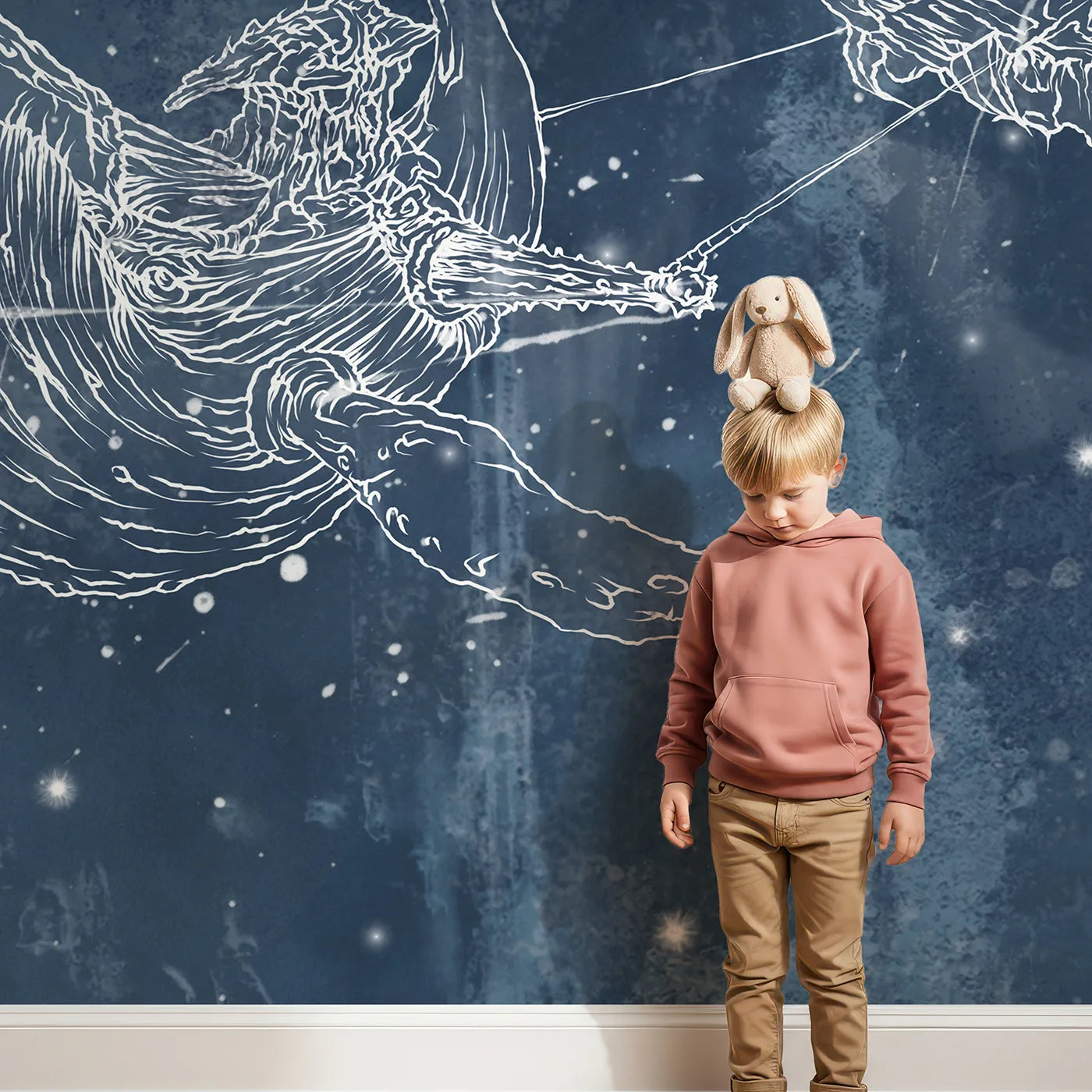 Child in front of Whimsy Tots Cosmic Whale Ship Wall Mural with whale, ship, space, star, sea, fantasy, flying, cosmic in design.