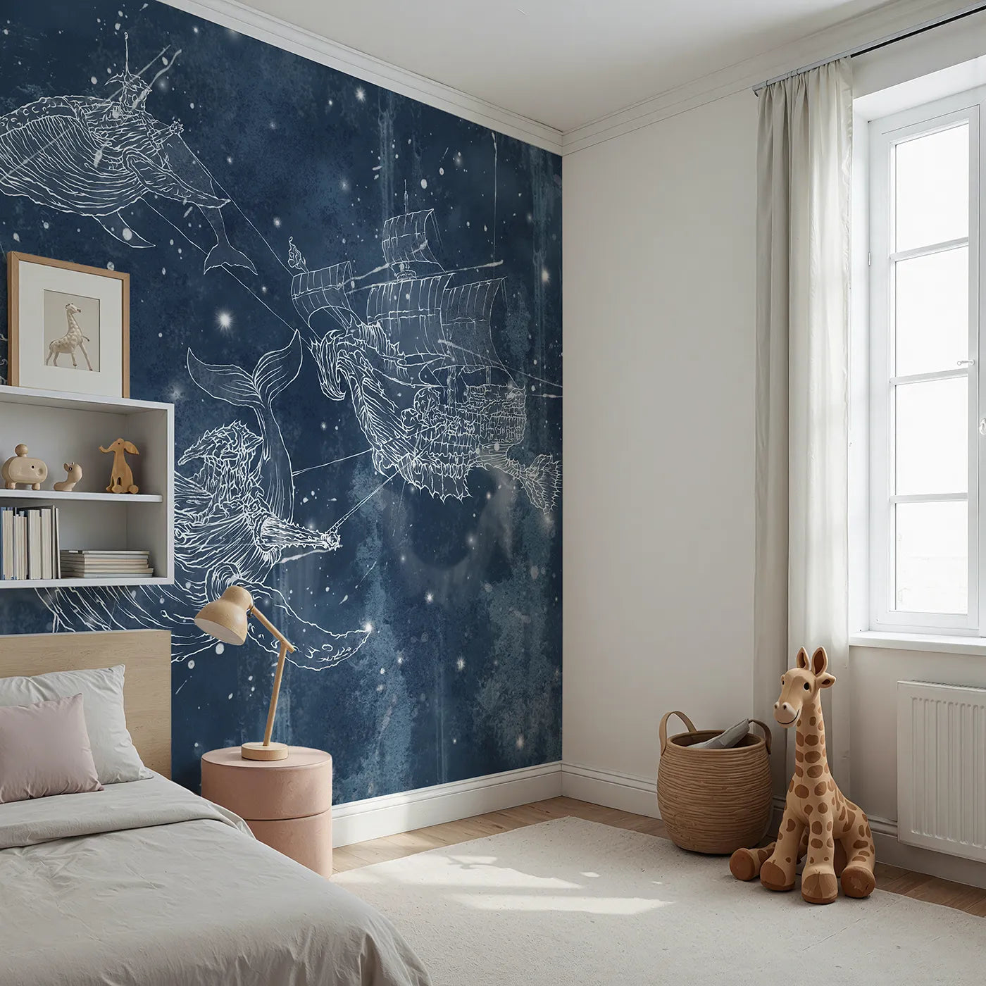 Angled view of Whimsy Tots' Cosmic Whale Ship Wall Mural (Turn Their Room into a Fantastical Voyage Through the Stars).Gender-Neutral