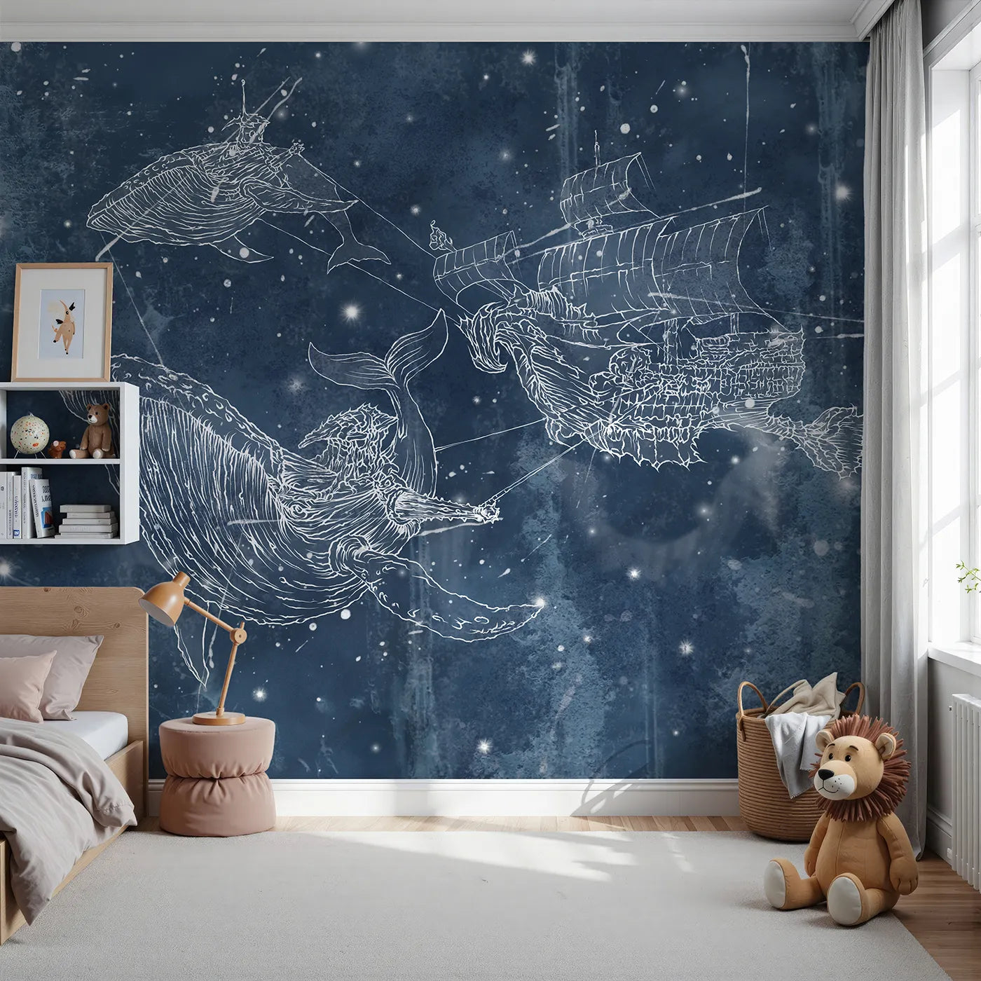 Front view of Whimsy Tots' Cosmic Whale Ship Wall Mural