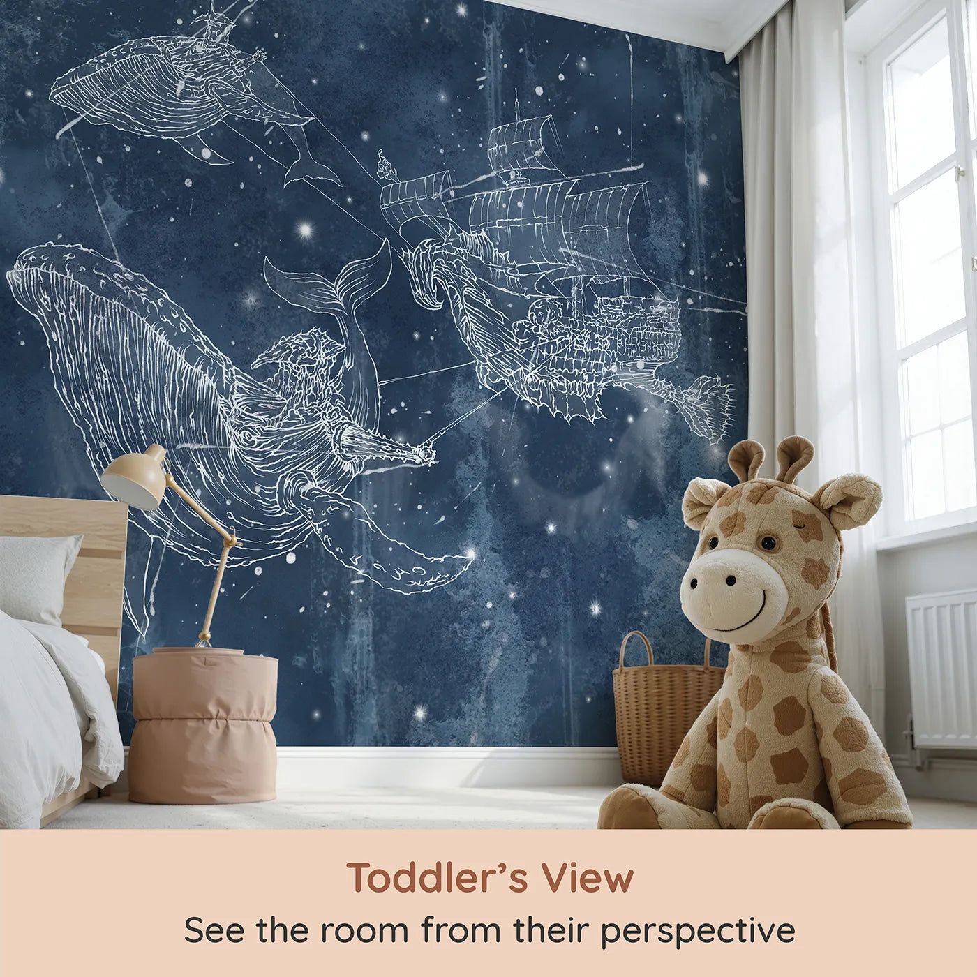 Whimsy Tots Cosmic Whale Ship Wall Mural (Turn Their Room into a Fantastical Voyage Through the Stars) from your child's view.Gender-Neutral