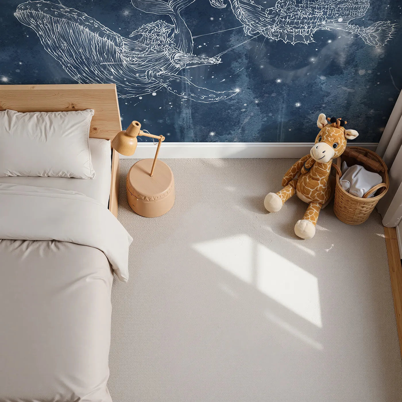 Top-down view of Whimsy Tots' Cosmic Whale Ship Wall Mural (Turn Their Room into a Fantastical Voyage Through the Stars).Gender-Neutral