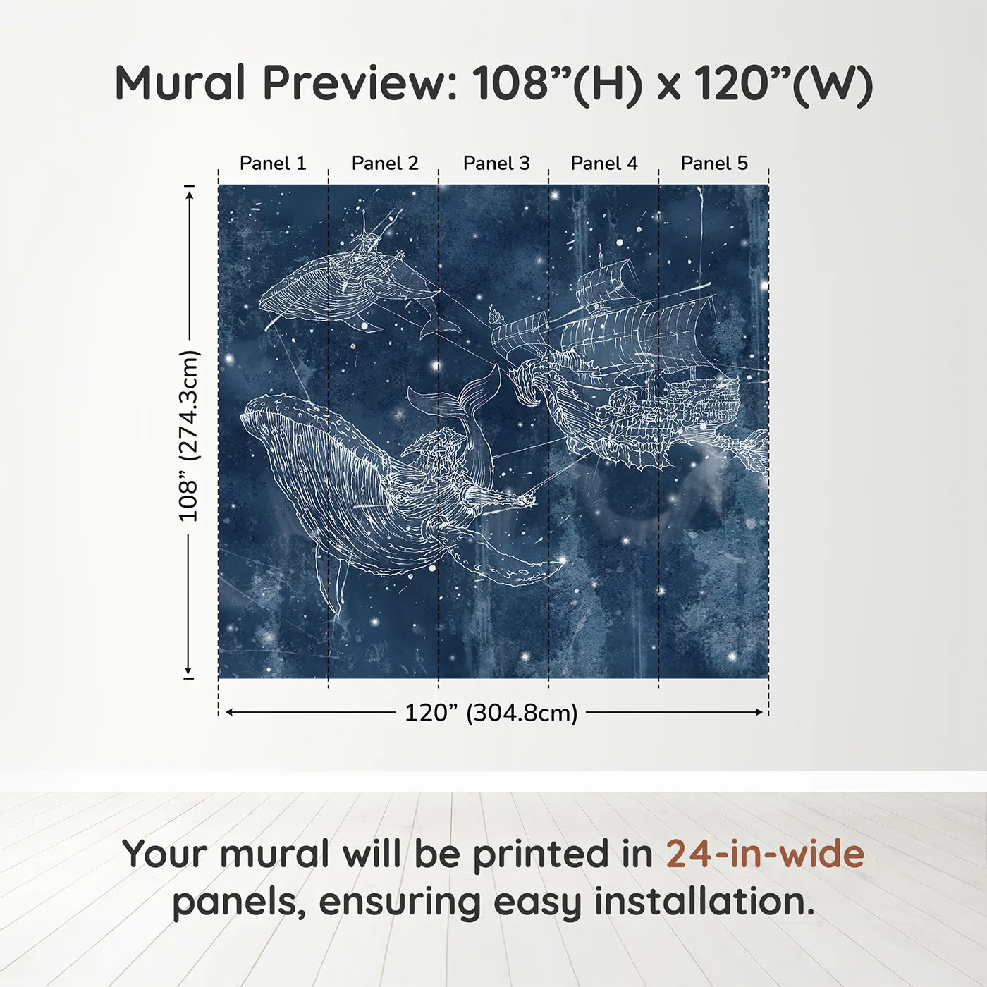 Whimsy Tots Cosmic Whale Ship Wall Muraldimension view (108" H x 120" W). Printed in five 24-inch-wide panels. Gender-Neutral