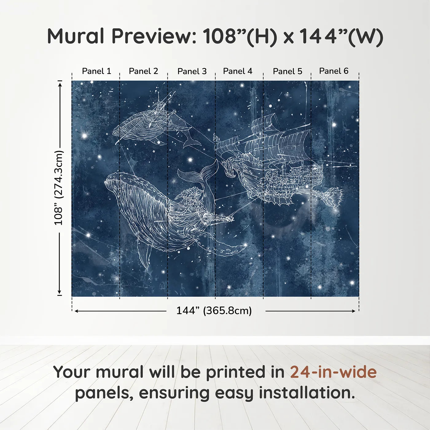 Whimsy Tots Cosmic Whale Ship Wall Muraldimension view (108" H x 144" W). Printed in six 24-inch-wide panels. Gender-Neutral
