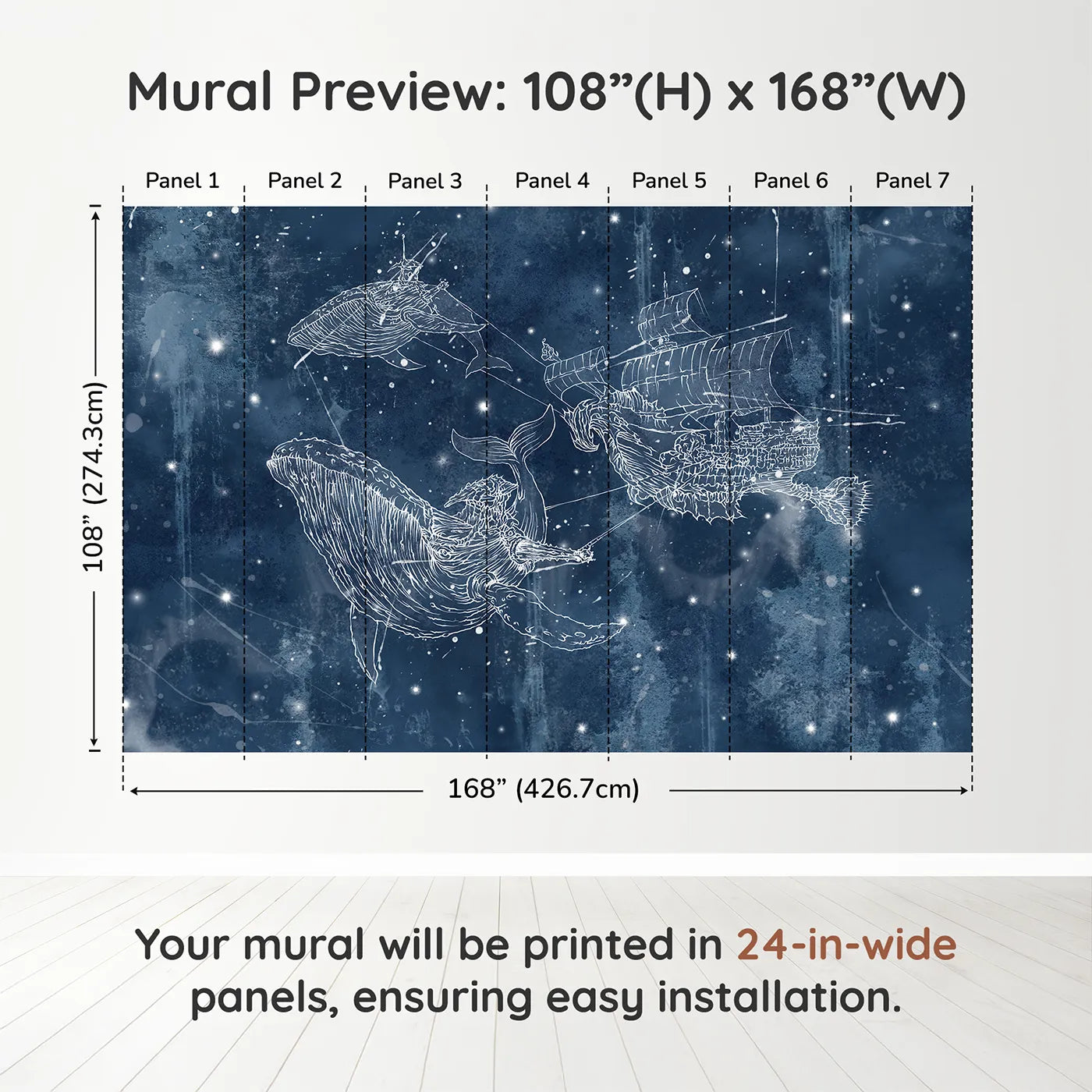 Whimsy Tots Cosmic Whale Ship Wall Muraldimension view (108" H x 168" W). Printed in seven 24-inch-wide panels. Gender-Neutral