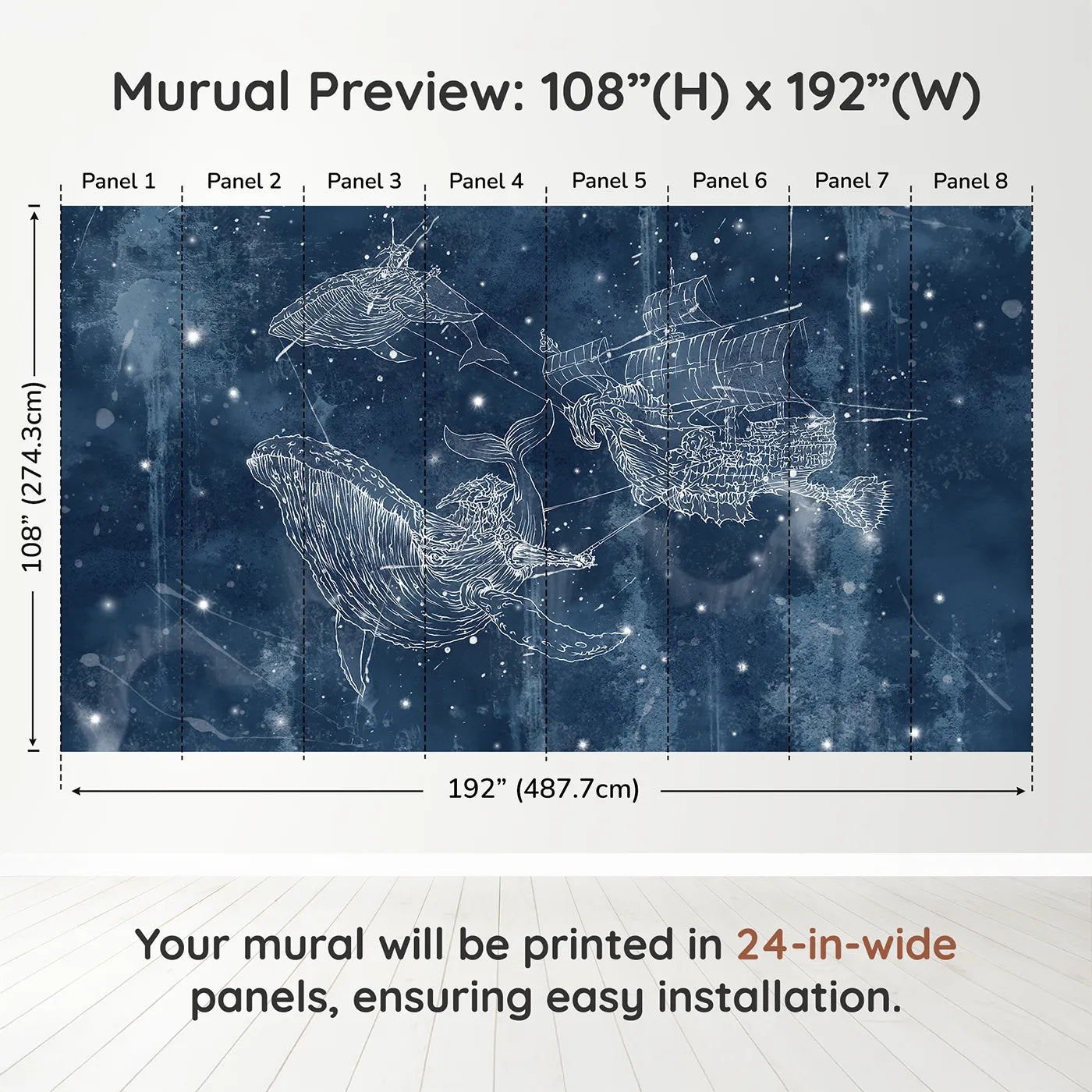 Whimsy Tots Cosmic Whale Ship Wall Muraldimension view (108" H x 192" W). Printed in eight 24-inch-wide panels. Gender-Neutral