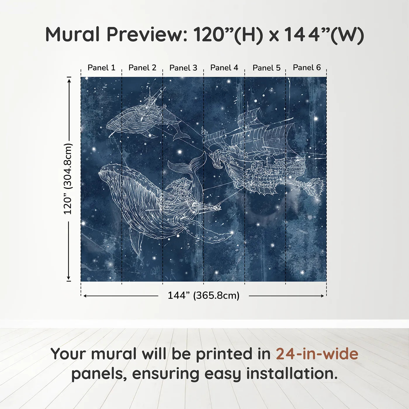 Whimsy Tots Cosmic Whale Ship Wall Muraldimension view (120" H x 144" W). Printed in six 24-inch-wide panels. Gender-Neutral