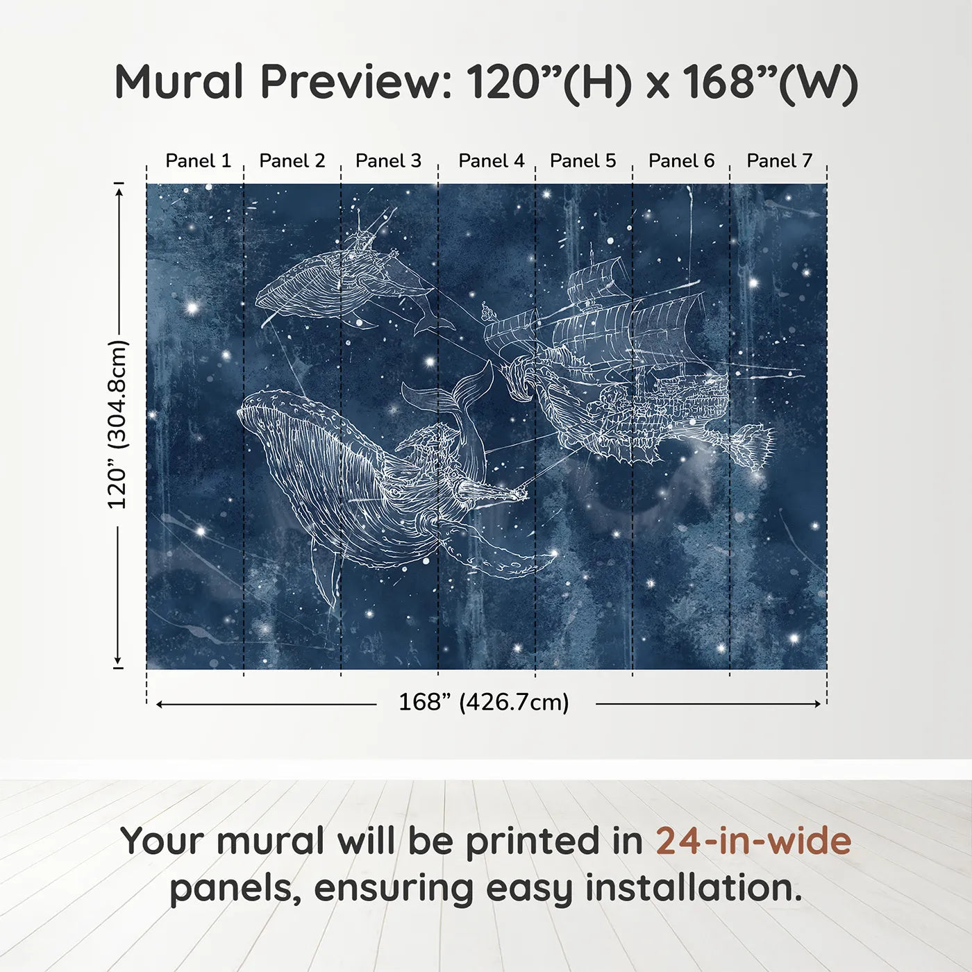 Whimsy Tots Cosmic Whale Ship Wall Muraldimension view (120" H x 168" W). Printed in seven 24-inch-wide panels. Gender-Neutral