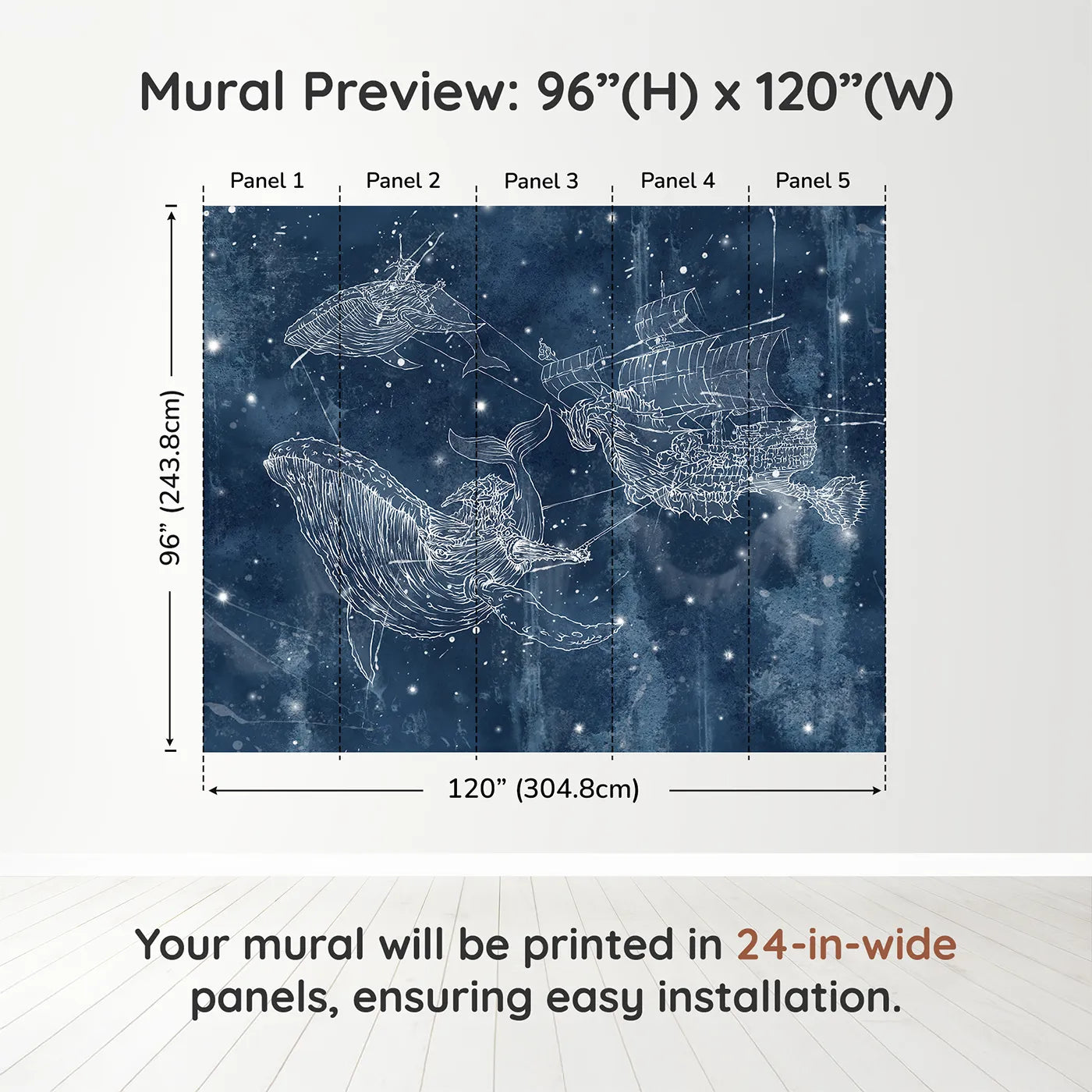 Whimsy Tots Cosmic Whale Ship Wall Muraldimension view (96" H x 120" W). Printed in five 24-inch-wide panels. Gender-Neutral