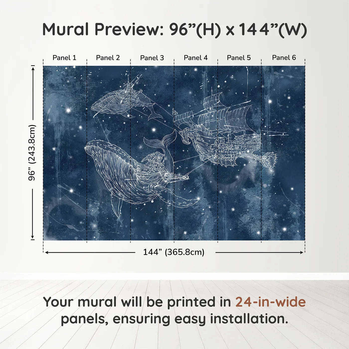 Whimsy Tots Cosmic Whale Ship Wall Muraldimension view (96" H x 144" W). Printed in six 24-inch-wide panels. Gender-Neutral