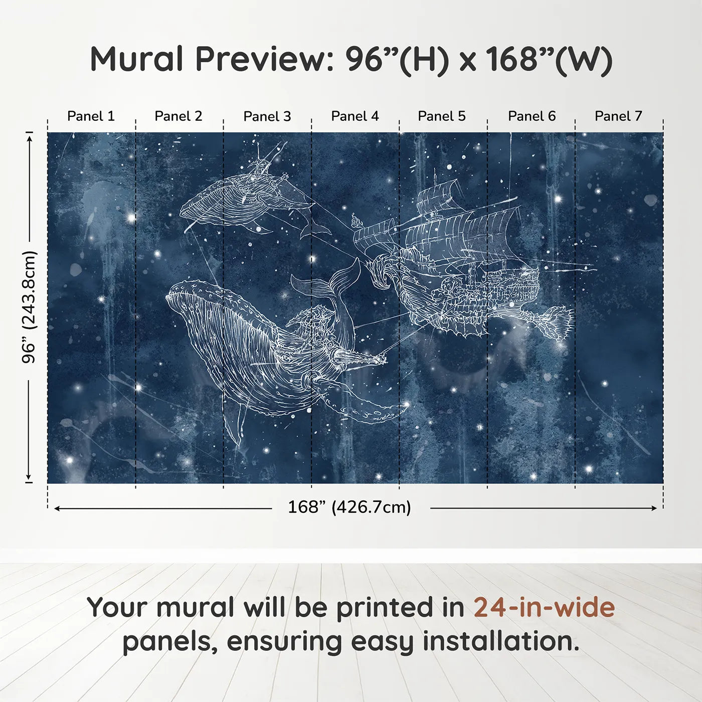 Whimsy Tots Cosmic Whale Ship Wall Muraldimension view (96" H x 168" W). Printed in seven 24-inch-wide panels. Gender-Neutral