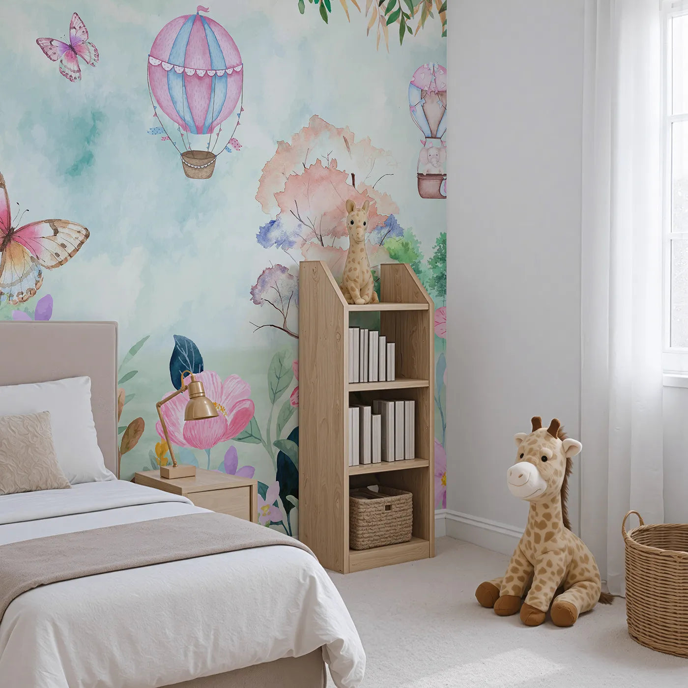Angled view of Whimsy Tots' Enchanted Garden Wall Mural (Turn Their Room into a Magical, Moonlit Meadow).Best for Girls