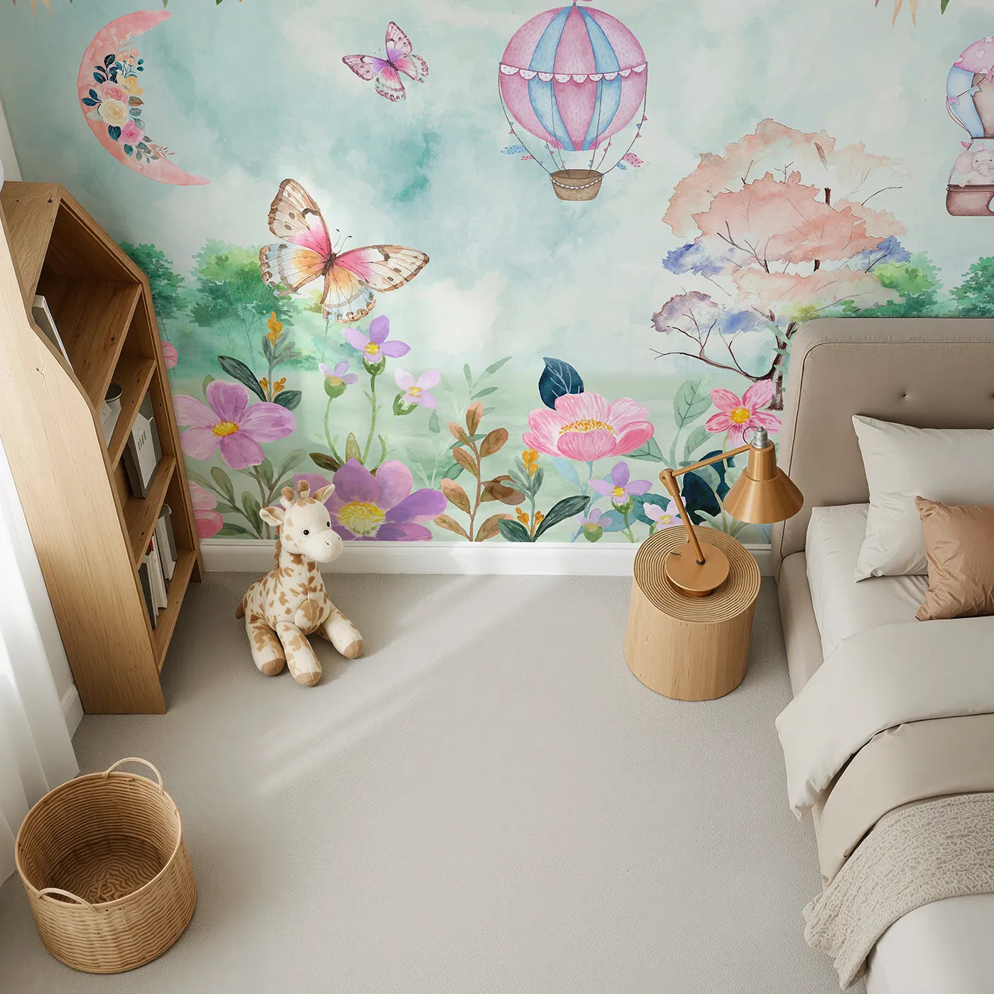 Top-down view of Whimsy Tots' Enchanted Garden Wall Mural (Turn Their Room into a Magical, Moonlit Meadow).Best for Girls