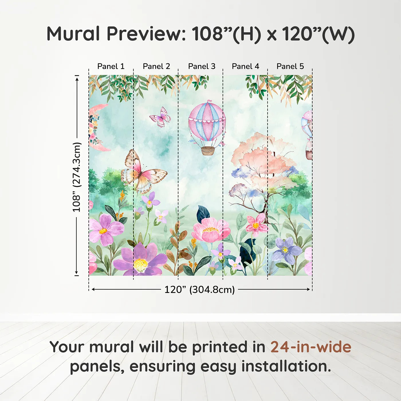 Whimsy Tots Enchanted Garden Wall Muraldimension view (108" H x 120" W). Printed in five 24-inch-wide panels. Best for Girls