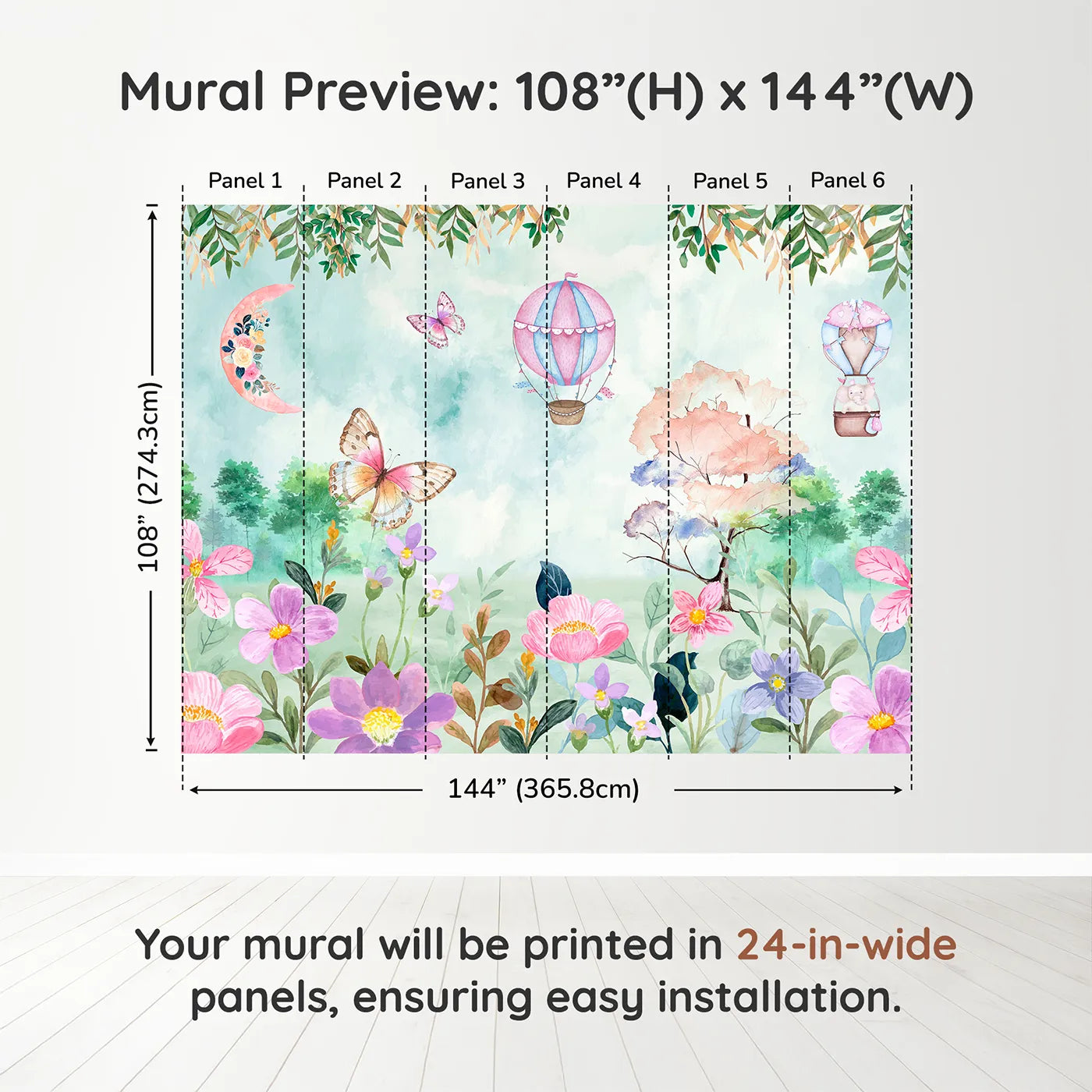 Whimsy Tots Enchanted Garden Wall Muraldimension view (108" H x 144" W). Printed in six 24-inch-wide panels. Best for Girls
