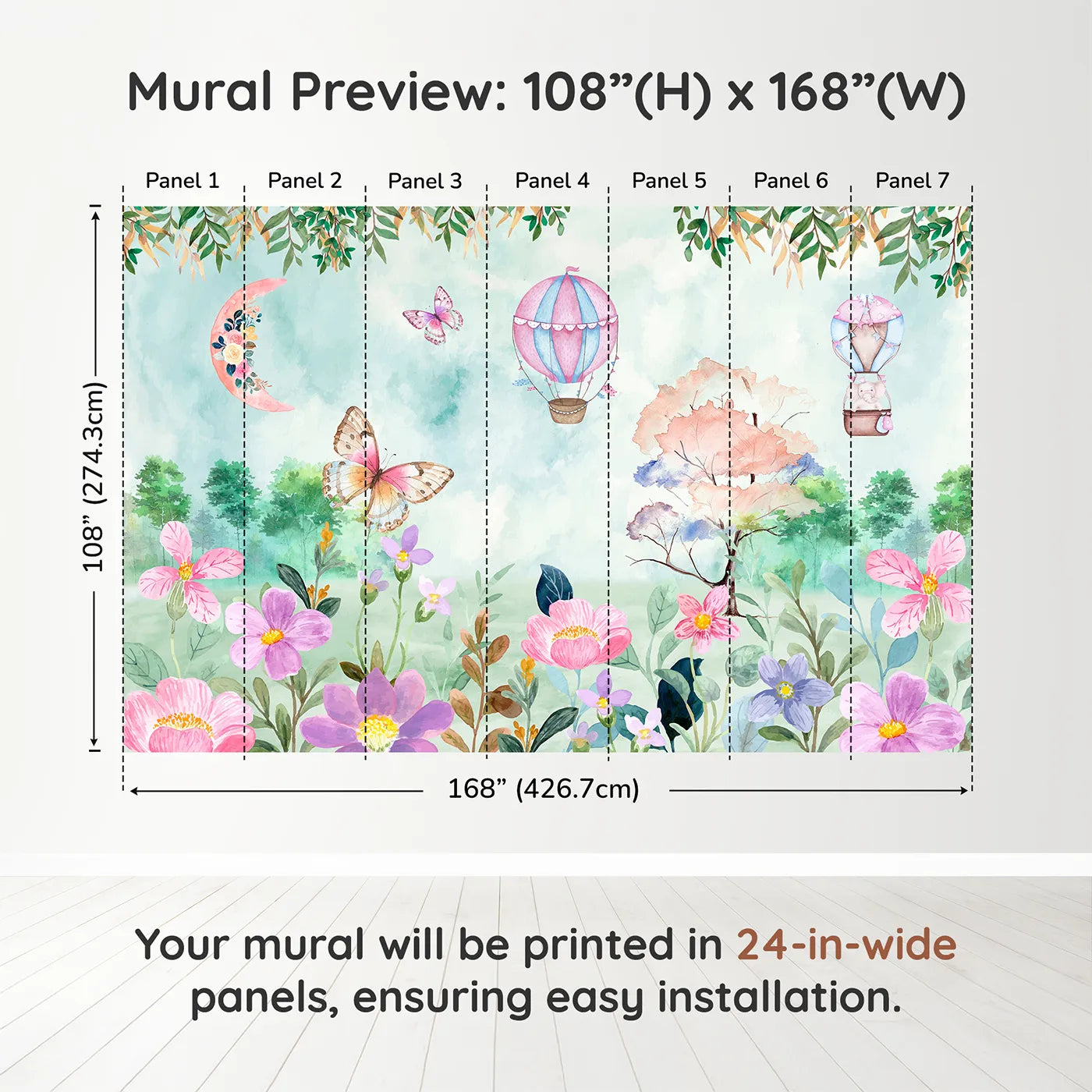 Whimsy Tots Enchanted Garden Wall Muraldimension view (108" H x 168" W). Printed in seven 24-inch-wide panels. Best for Girls