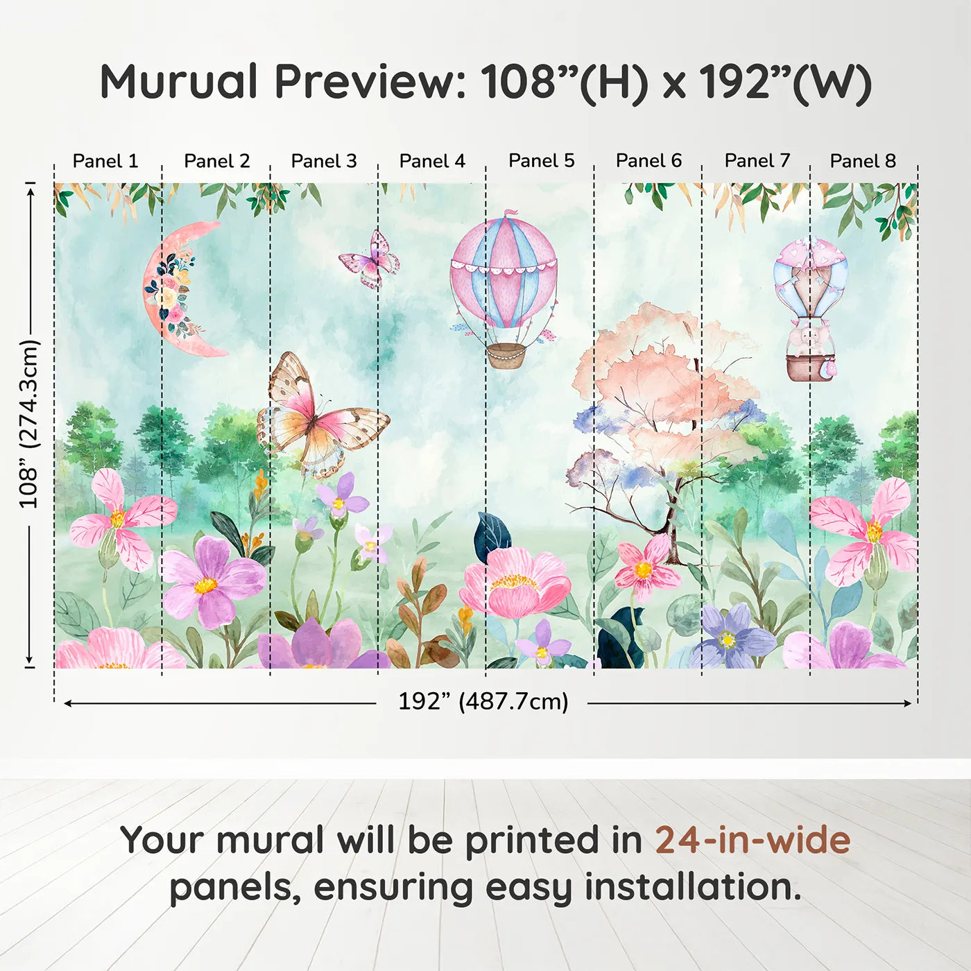 Whimsy Tots Enchanted Garden Wall Muraldimension view (108" H x 192" W). Printed in eight 24-inch-wide panels. Best for Girls