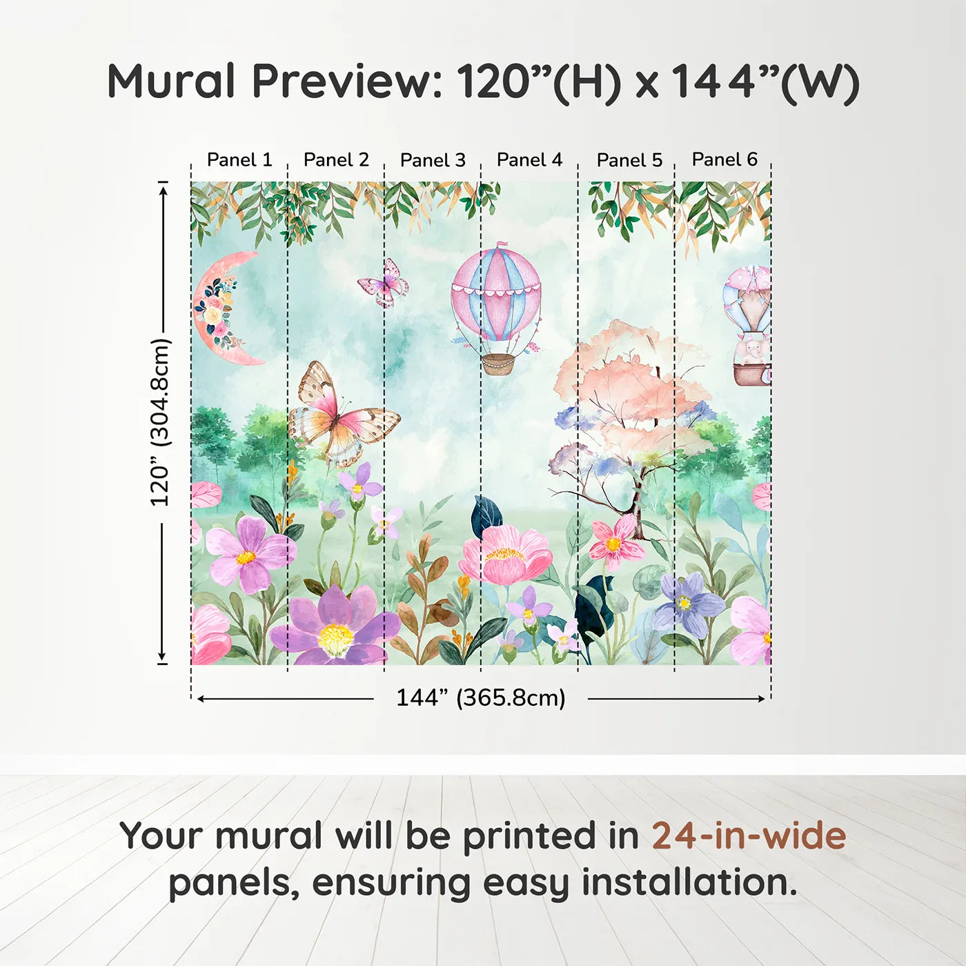 Whimsy Tots Enchanted Garden Wall Muraldimension view (120" H x 144" W). Printed in six 24-inch-wide panels. Best for Girls