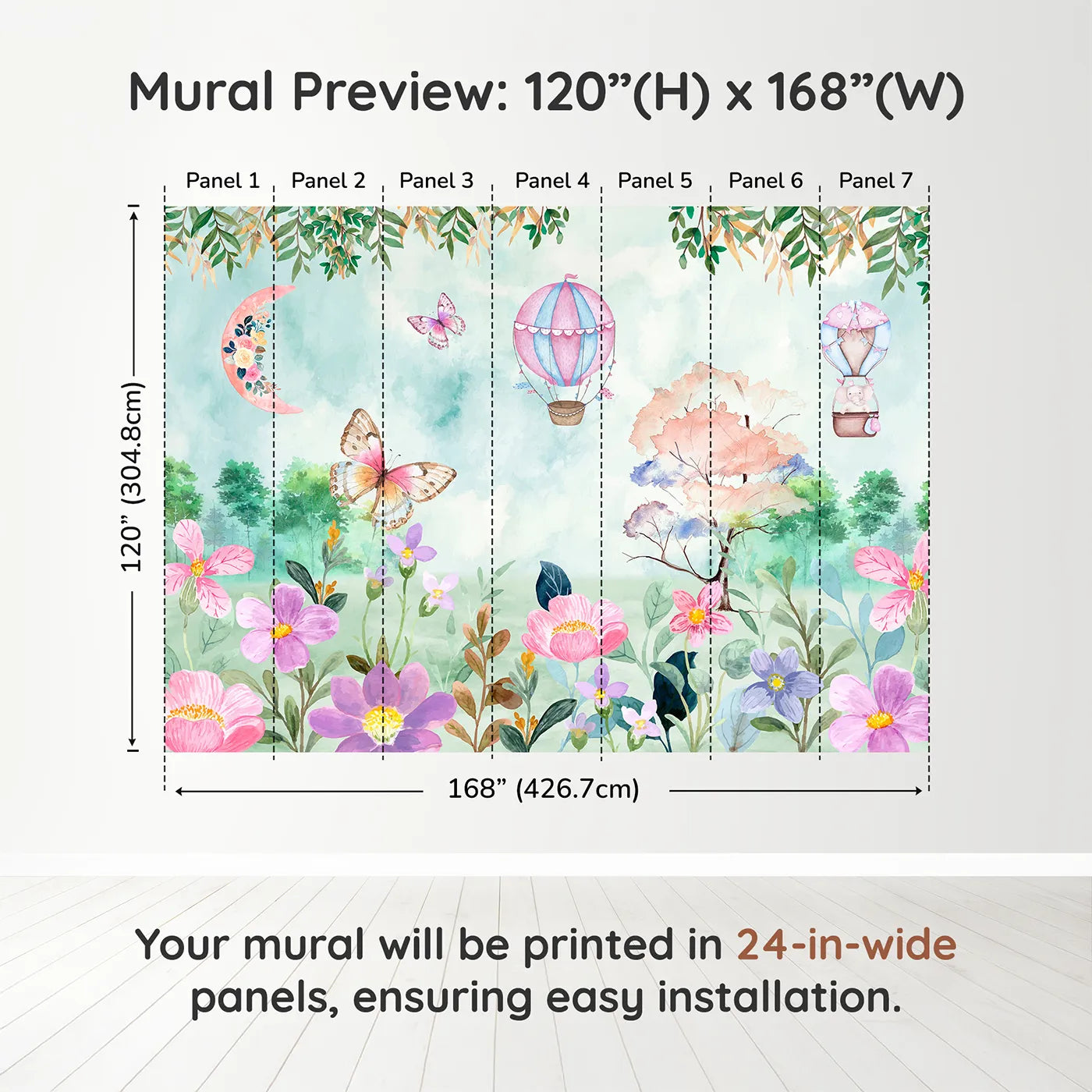 Whimsy Tots Enchanted Garden Wall Muraldimension view (120" H x 168" W). Printed in seven 24-inch-wide panels. Best for Girls