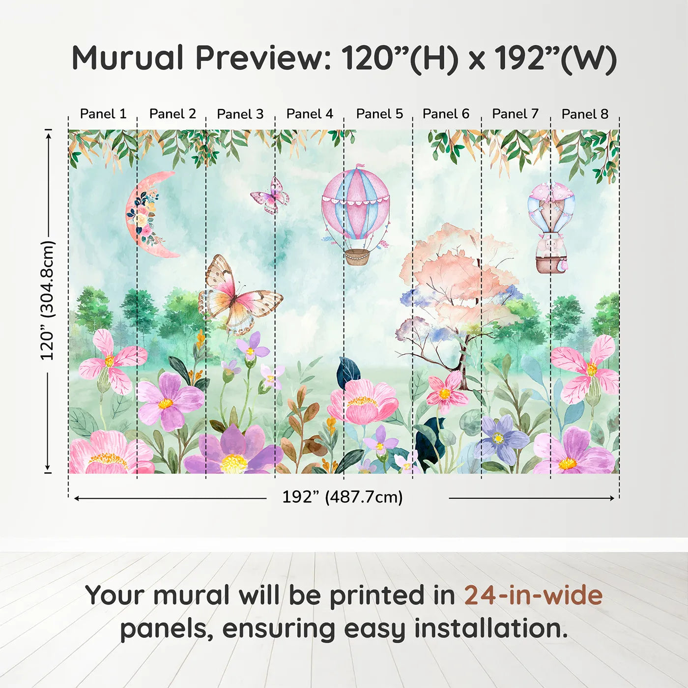 Whimsy Tots Enchanted Garden Wall Muraldimension view (120" H x 192" W). Printed in eight 24-inch-wide panels. Best for Girls