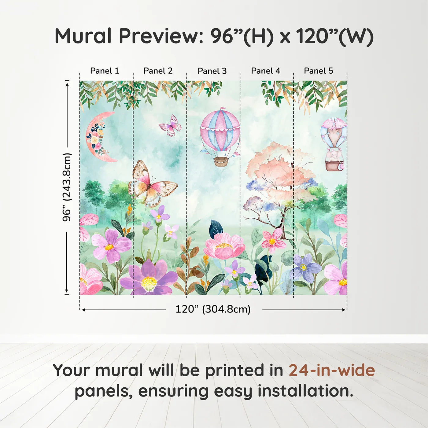 Whimsy Tots Enchanted Garden Wall Muraldimension view (96" H x 120" W). Printed in five 24-inch-wide panels. Best for Girls
