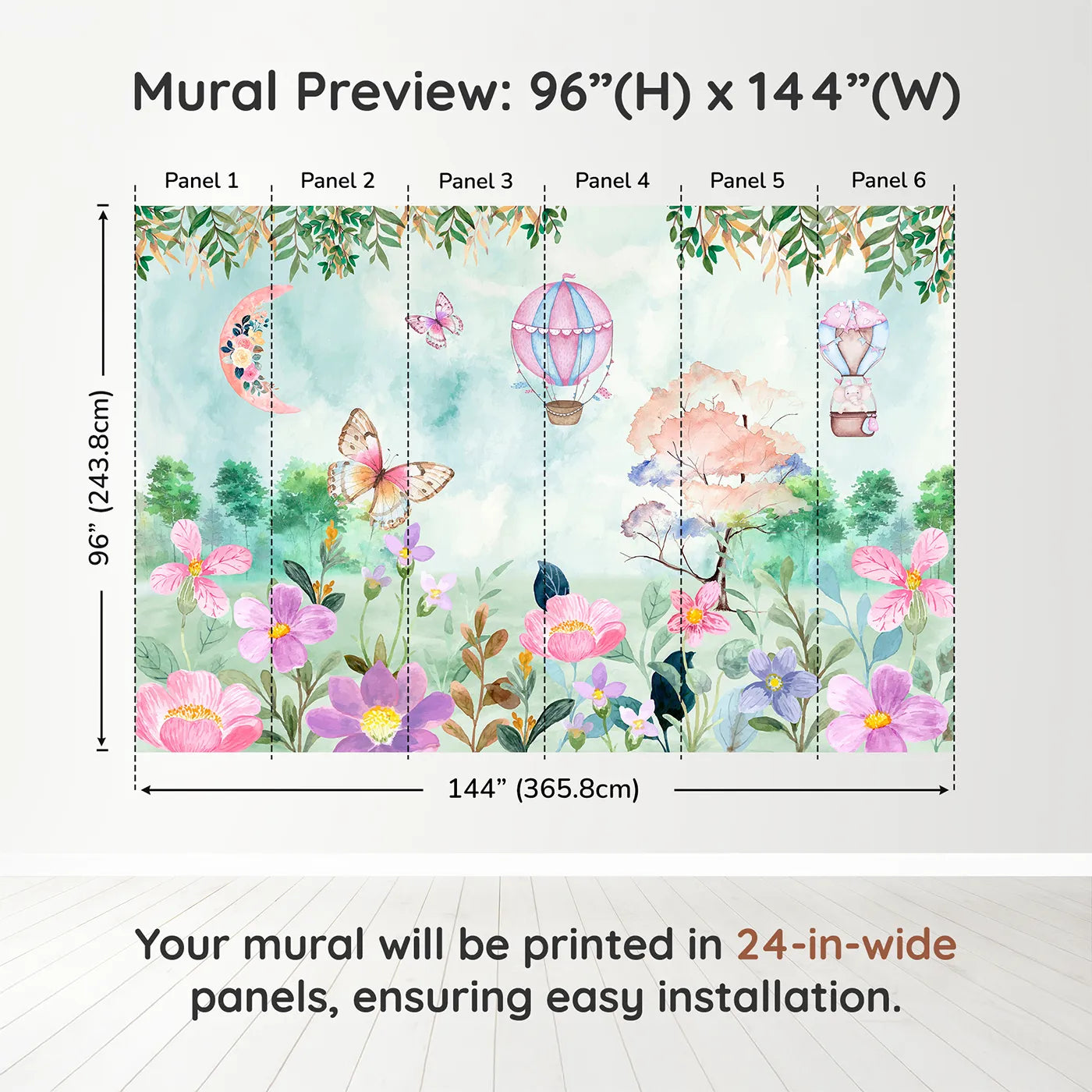 Whimsy Tots Enchanted Garden Wall Muraldimension view (96" H x 144" W). Printed in six 24-inch-wide panels. Best for Girls