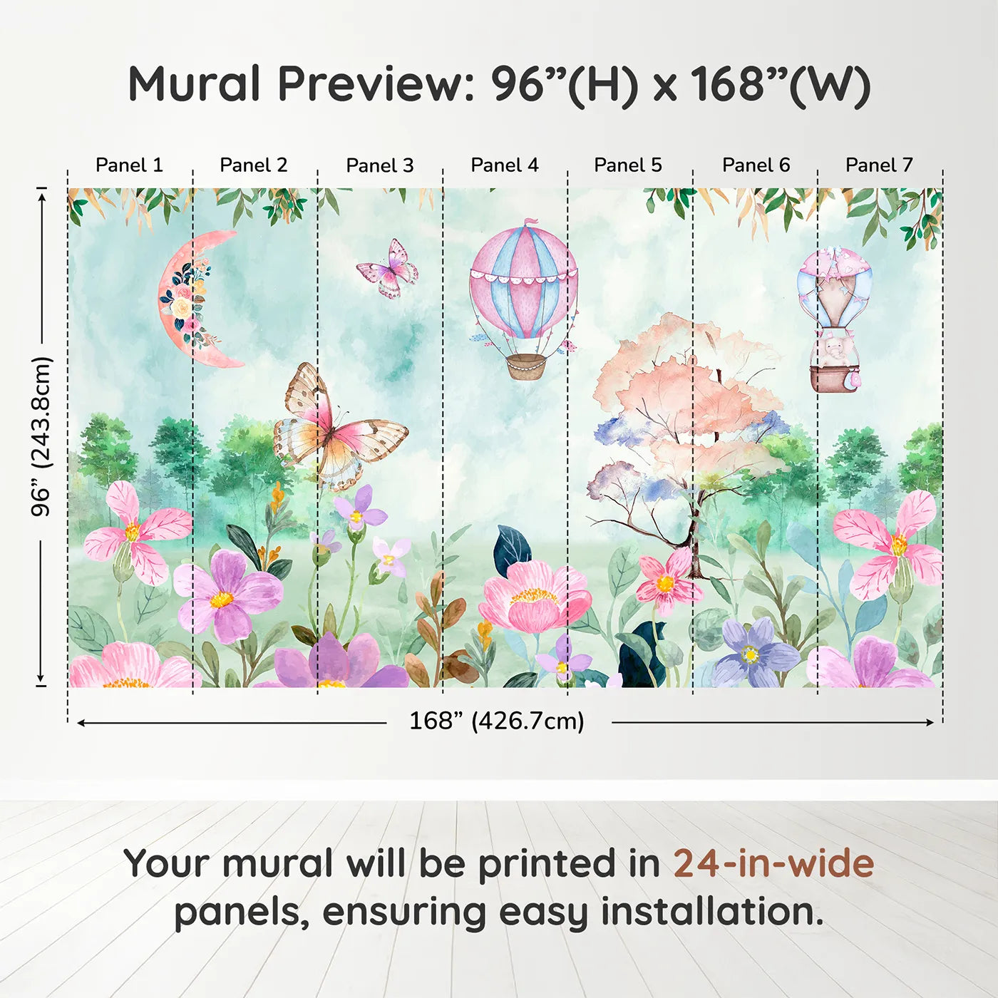 Whimsy Tots Enchanted Garden Wall Muraldimension view (96" H x 168" W). Printed in seven 24-inch-wide panels. Best for Girls