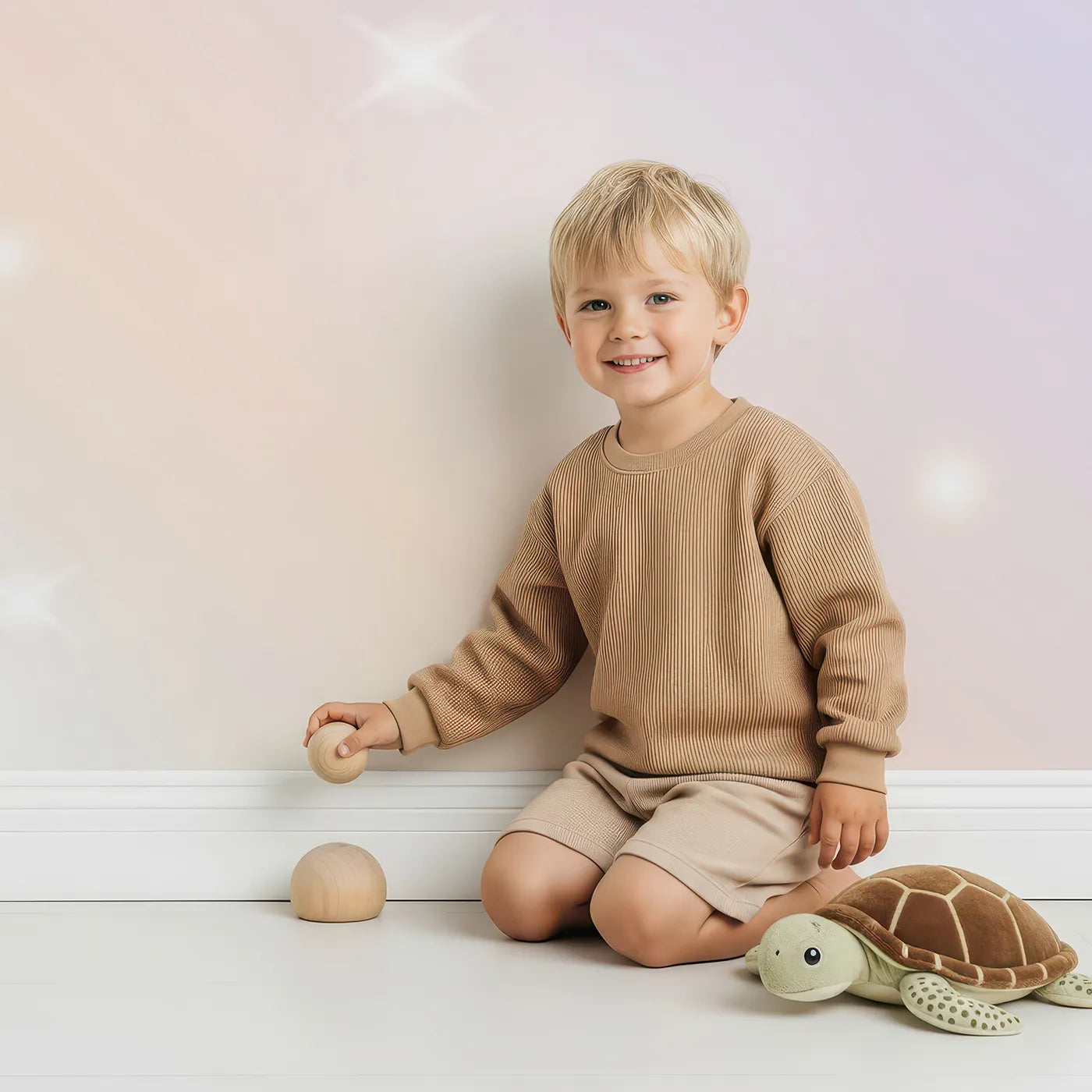 Child in front of Whimsy Tots Pastel Sparkle Sky Wall Mural with pastel, rainbow, sparkle, gradient, sky, soft, dreamy, glitter in design.