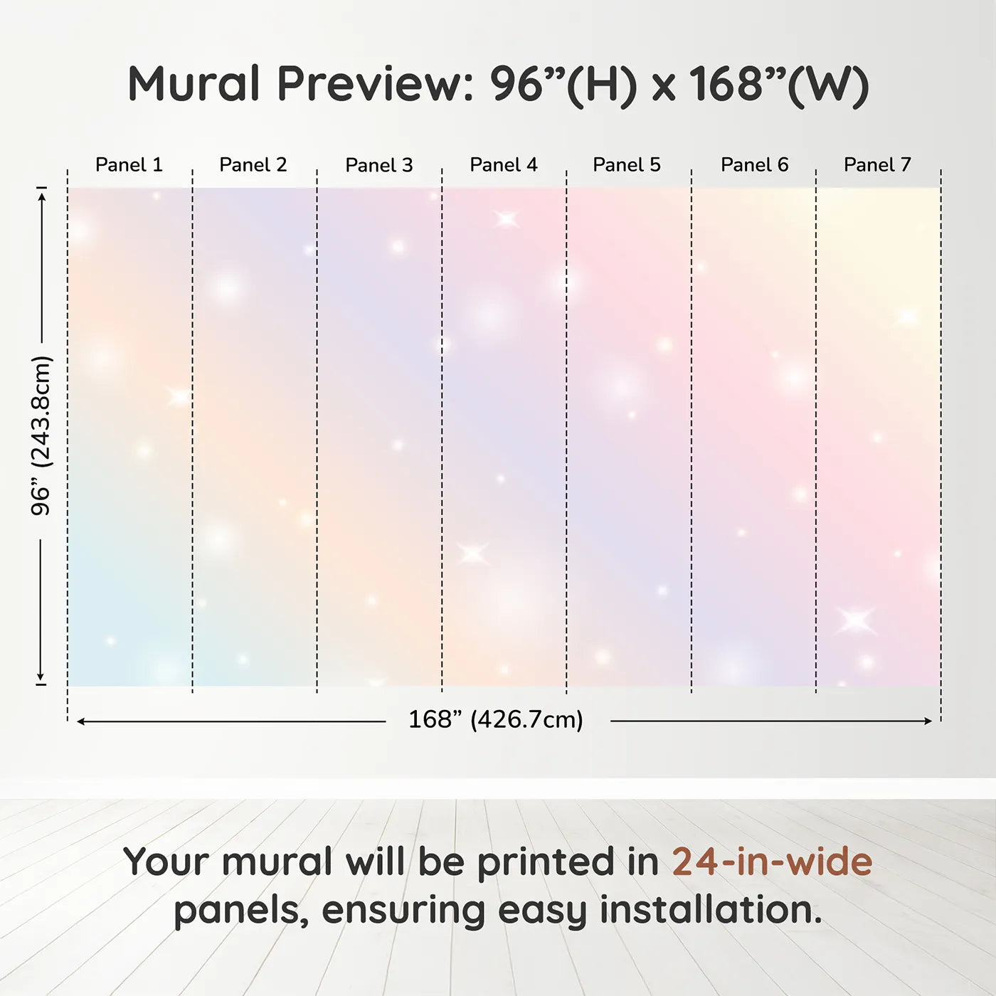 Whimsy Tots Pastel Sparkle Sky Wall Muraldimension view (96" H x 168" W). Printed in seven 24-inch-wide panels. Gender-Neutral