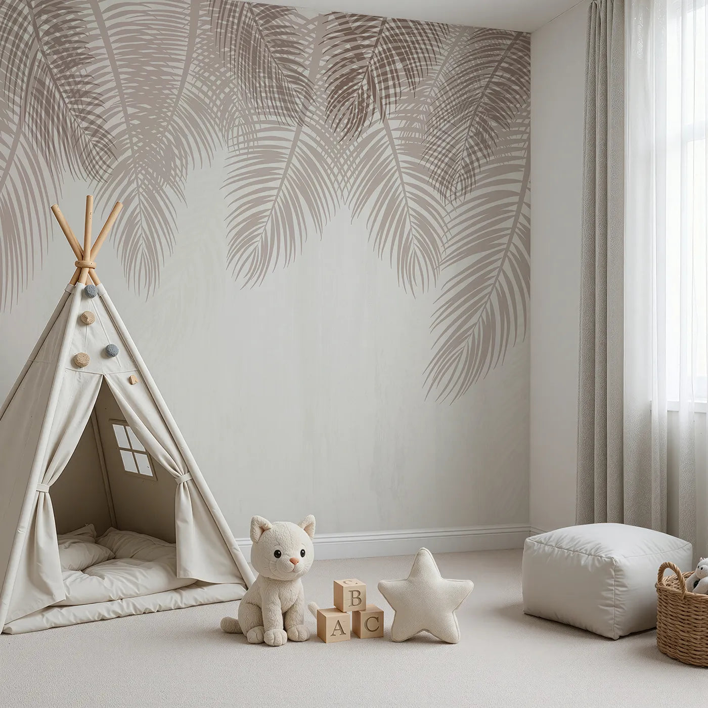 Angled view of Whimsy Tots' Hanging Palm Leaves Wall Mural in Beige (Turn Their Room into a Calm and Neutral Oasis).Gender-Neutral
