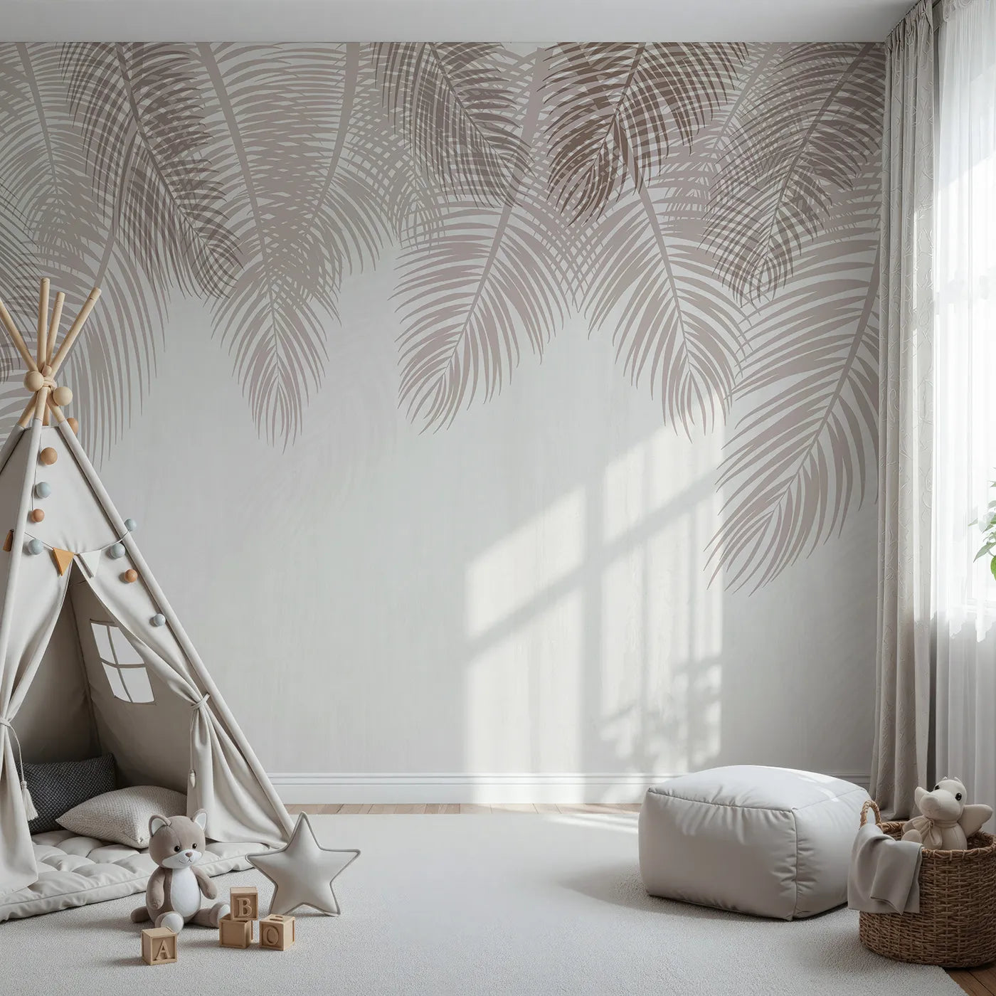 Front view of Whimsy Tots' Hanging Palm Leaves Wall Mural in Beige