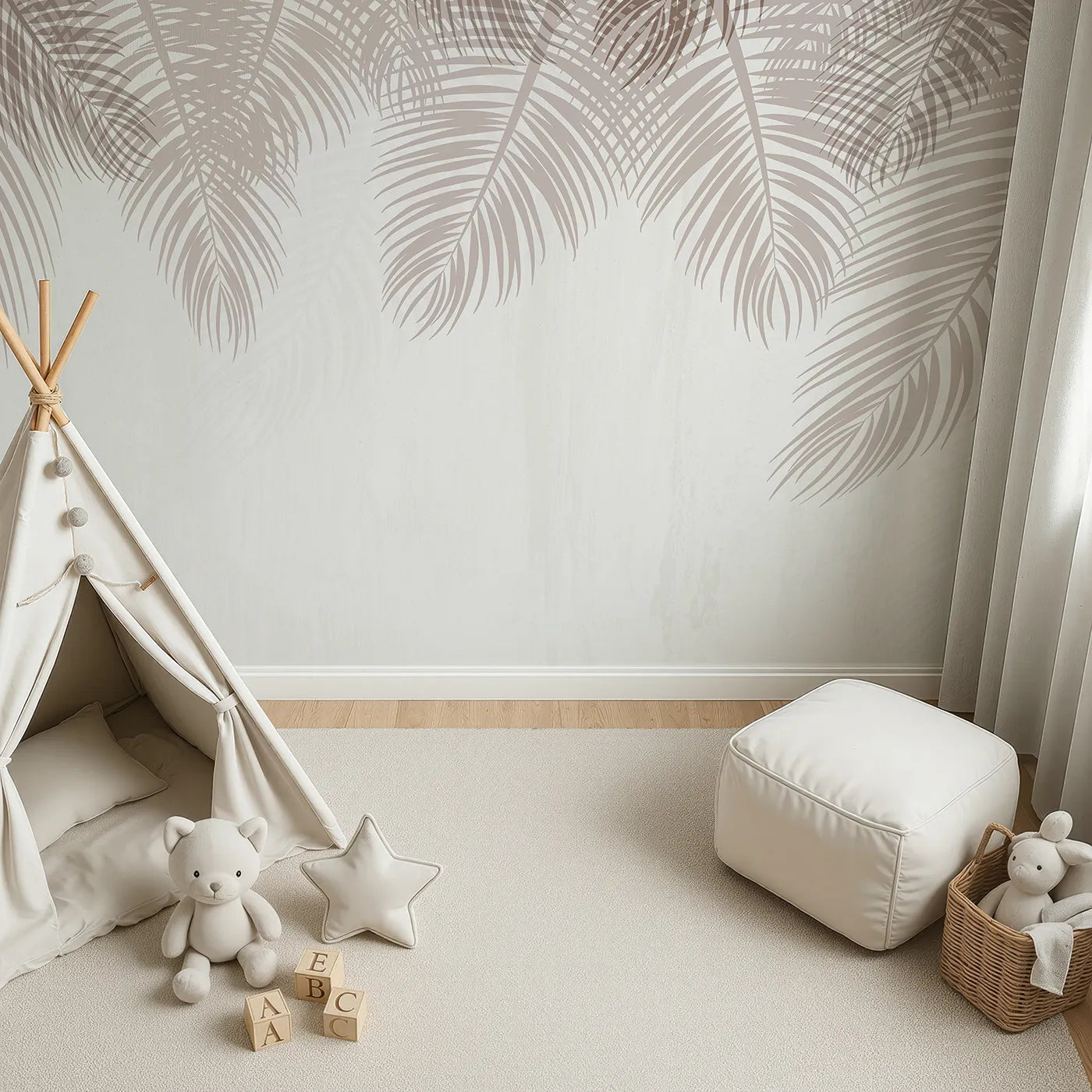 Top-down view of Whimsy Tots' Hanging Palm Leaves Wall Mural in Beige (Turn Their Room into a Calm and Neutral Oasis).Gender-Neutral