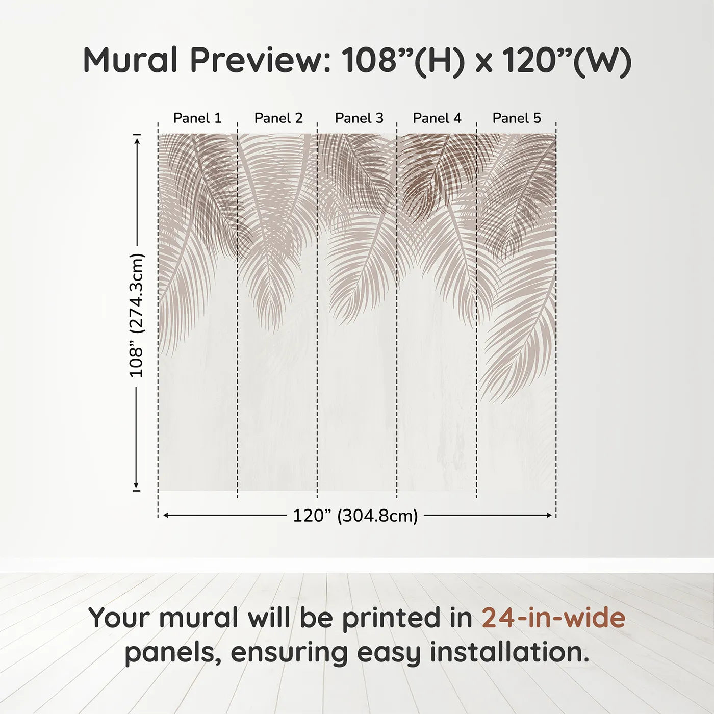 Whimsy Tots Hanging Palm Leaves Wall Mural in Beigedimension view (108" H x 120" W). Printed in five 24-inch-wide panels. Gender-Neutral