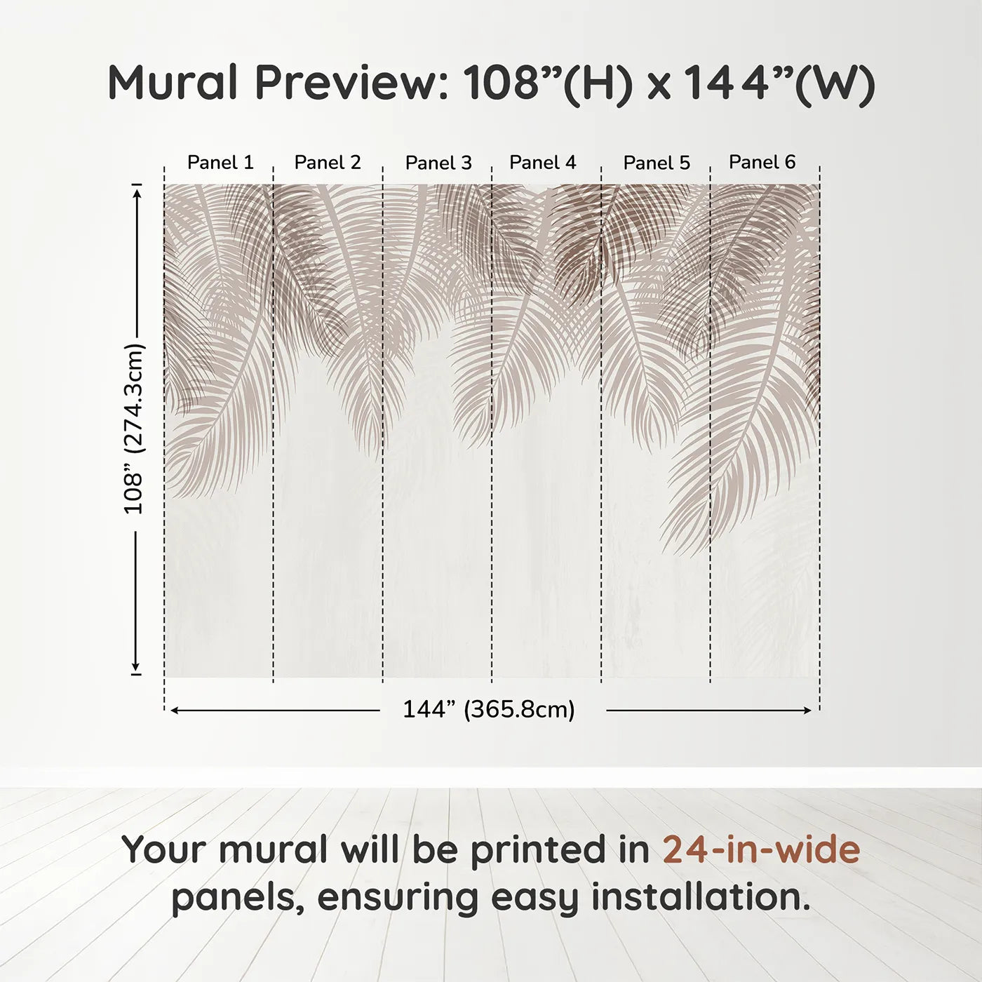 Whimsy Tots Hanging Palm Leaves Wall Mural in Beigedimension view (108" H x 144" W). Printed in six 24-inch-wide panels. Gender-Neutral
